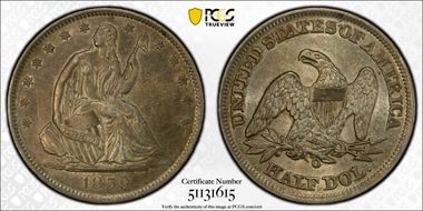 1859-O 50C WB-8 Bisected Date AU55