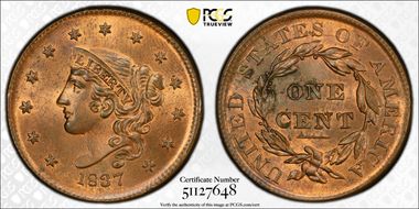 1837 1C Plain Cords, Medium Letters MS64RB