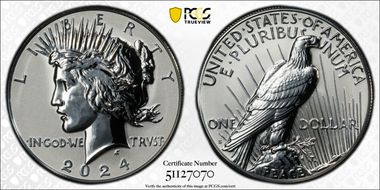 2024-S $1 Peace Dollar Rev PR Two-Coin Reverse Proof Set First Strike PR70