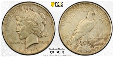1921 $1 High Relief, Peace XF45