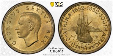 1952 5 Shil 300th Ann. Capetown KM-41  Ag MS66