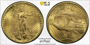 1908 $20 No Motto MS65