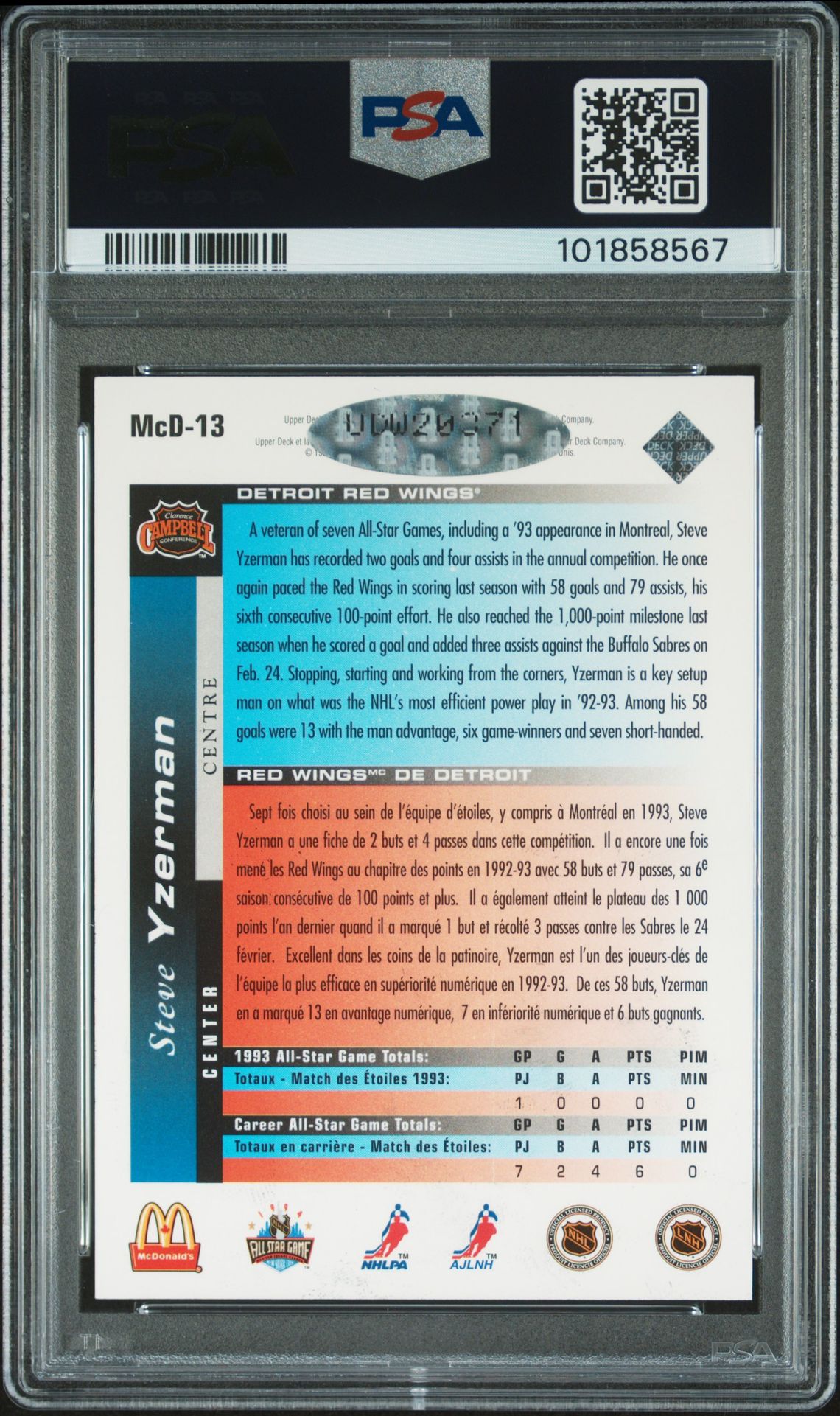 1993 Upper Deck Mcdonald's Steve Yzerman #Mcd13 Ex-Mt 6 back