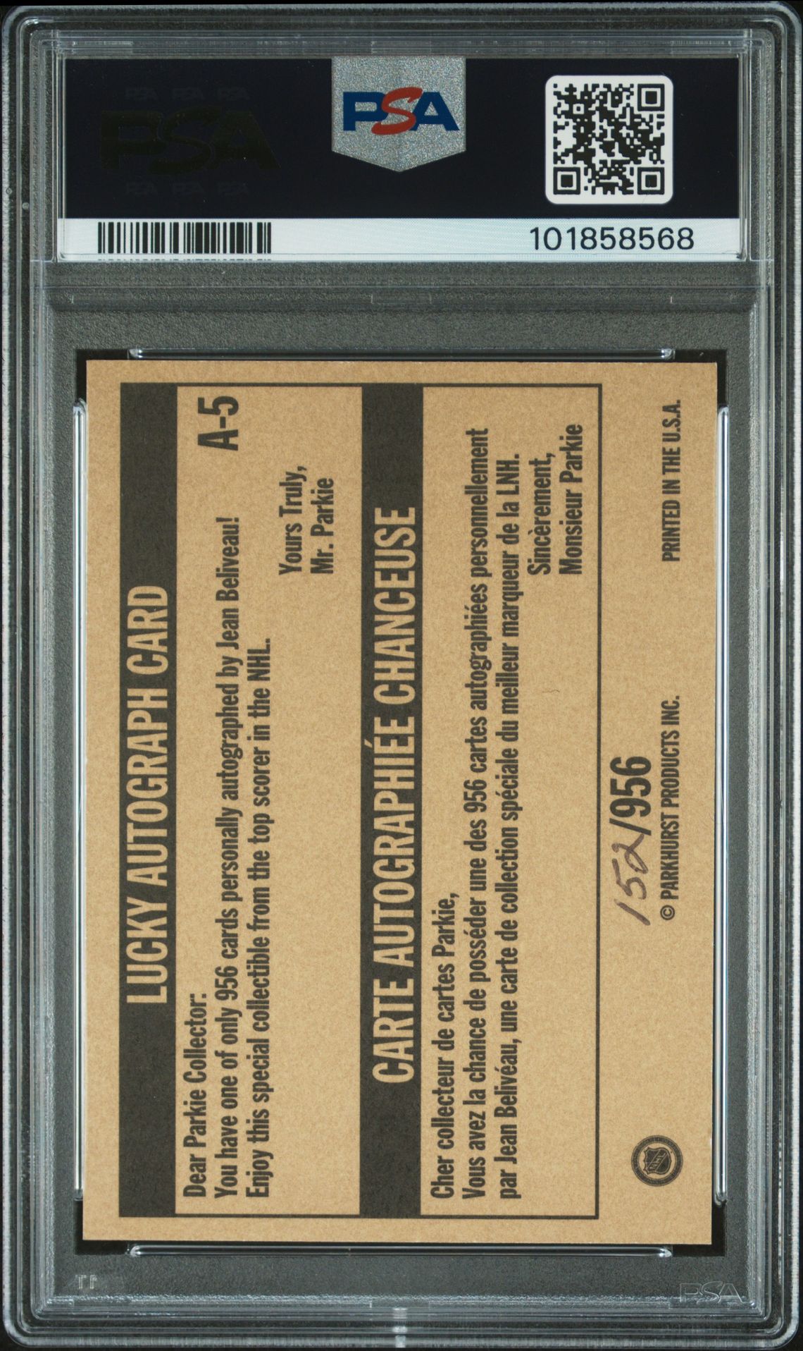 1994 Parkhurst Missing Link Jean Beliveau #A-5 (Missing Link-Auto.) Gem Mt 10 back