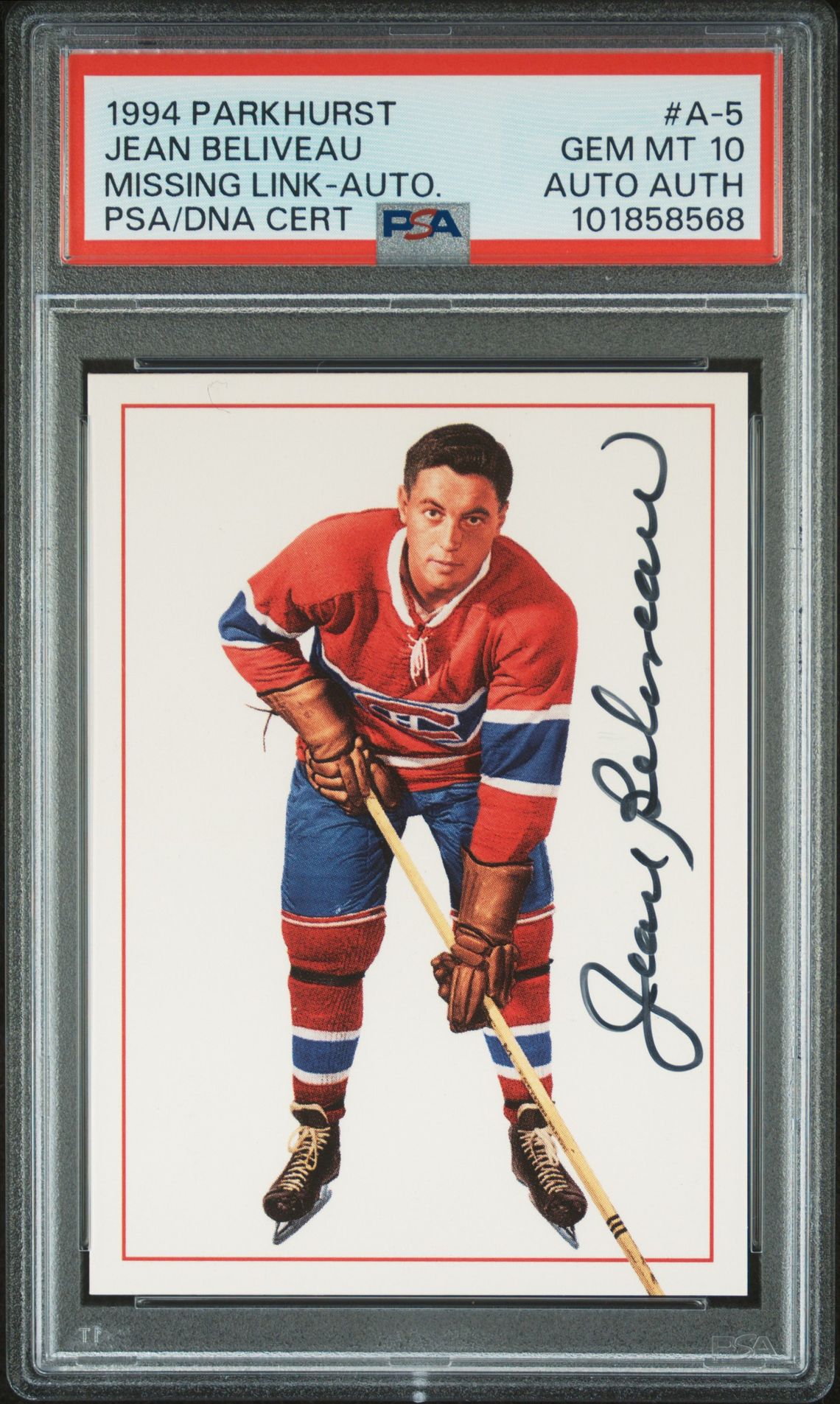 1994 Parkhurst Missing Link Jean Beliveau #A-5 (Missing Link-Auto.) Gem Mt 10 front