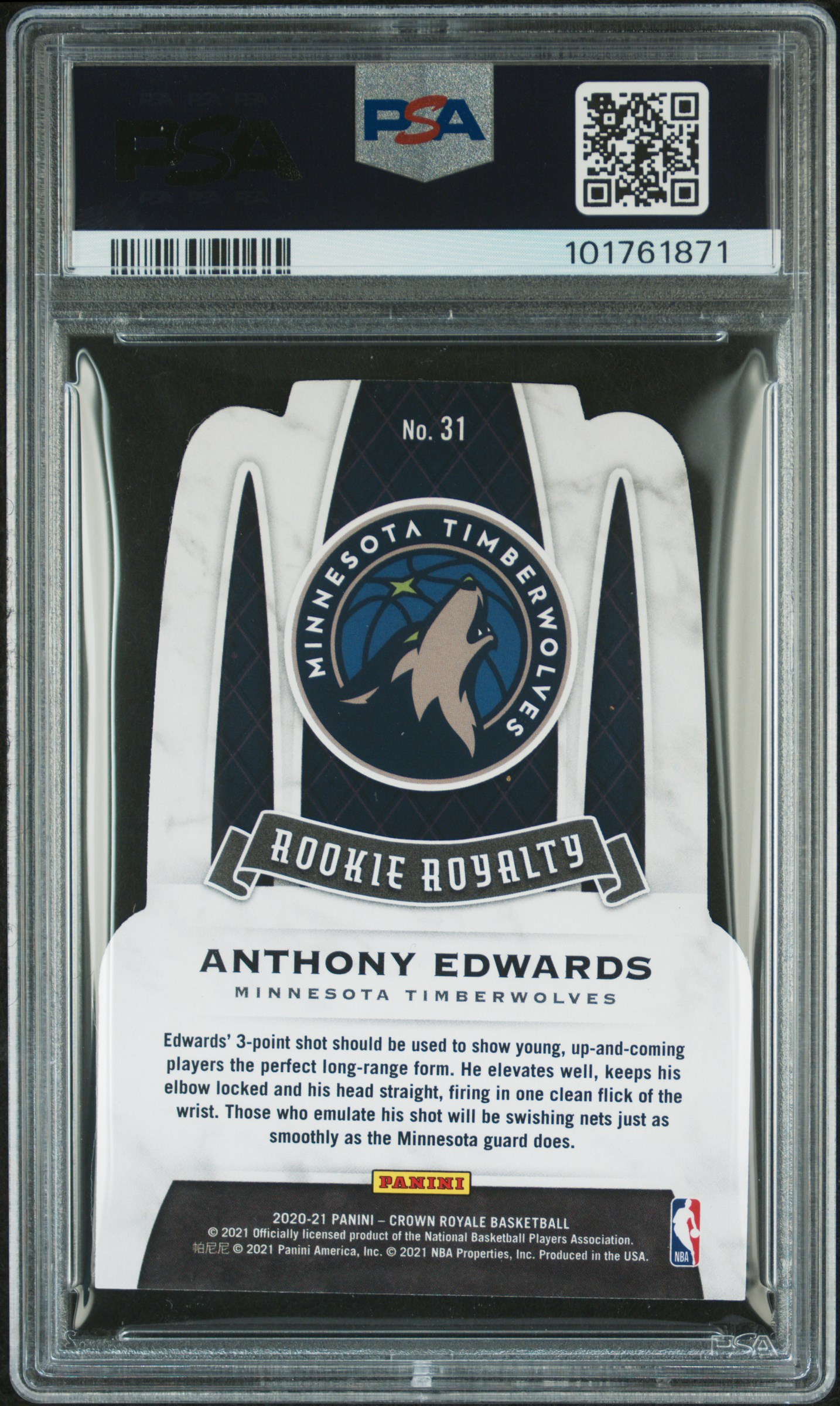 2020 Panini Crown Royale Rookie Royalty Anthony Edwards #31 (Rookie Royalty-Asia Gold) Gem Mt 10 back