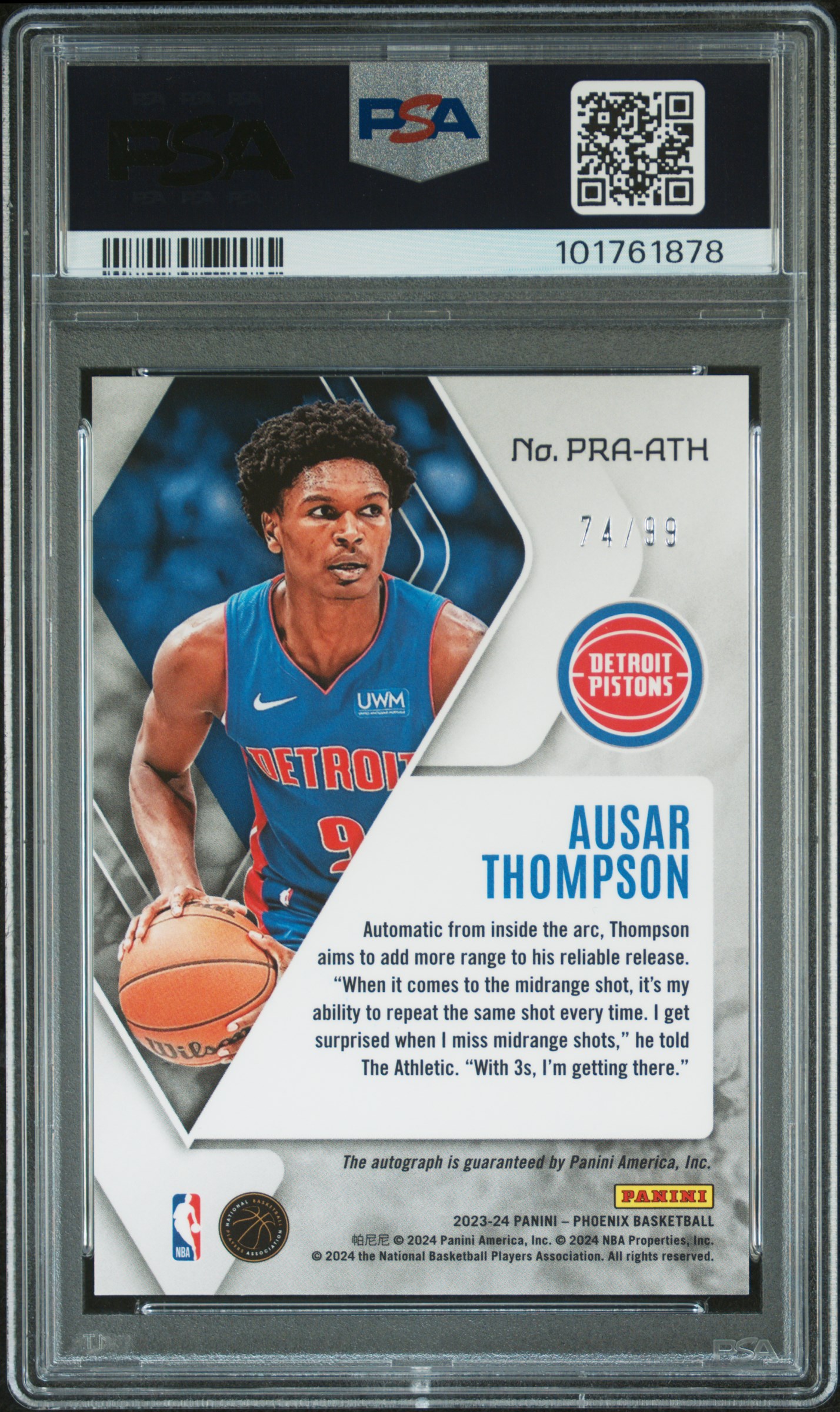 2023 Panini Phoenix Phoenix Rookie Autographs Ausar Thompson #Praath Gem Mt 10 back