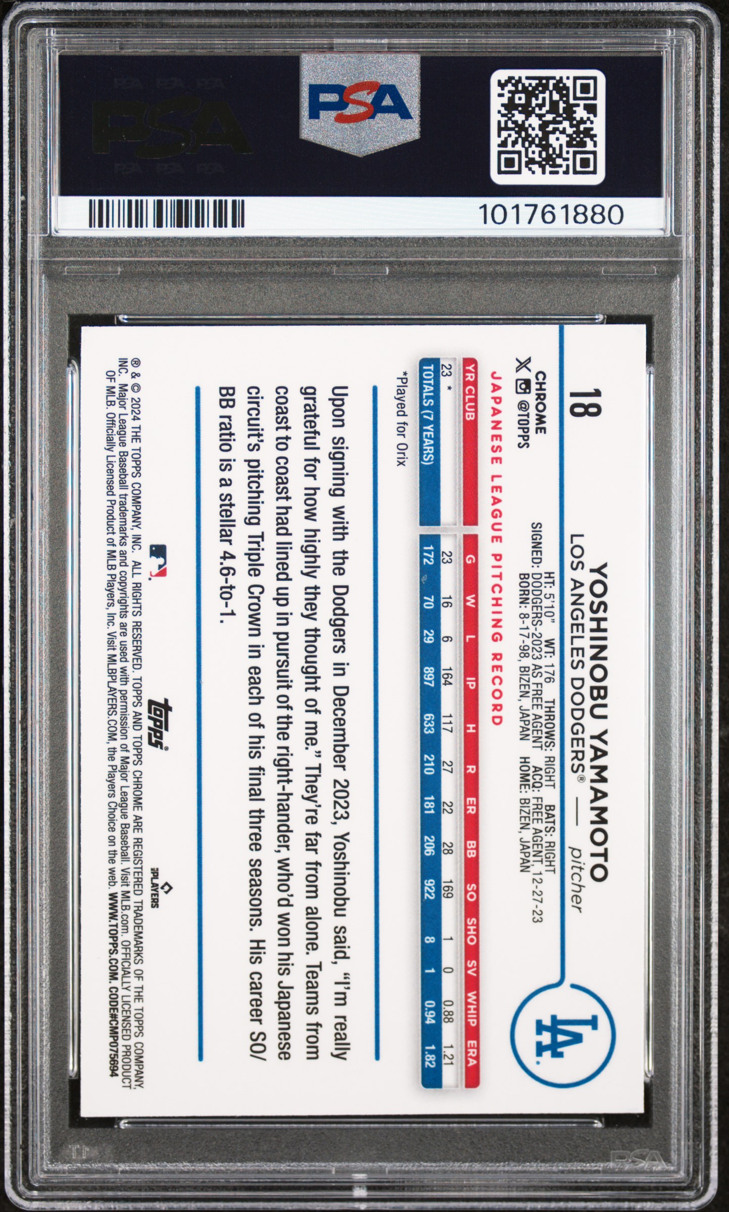 2024 Topps Chrome Yoshinobu Yamamoto #18 (Prism Refractor) Gem Mt 10 back