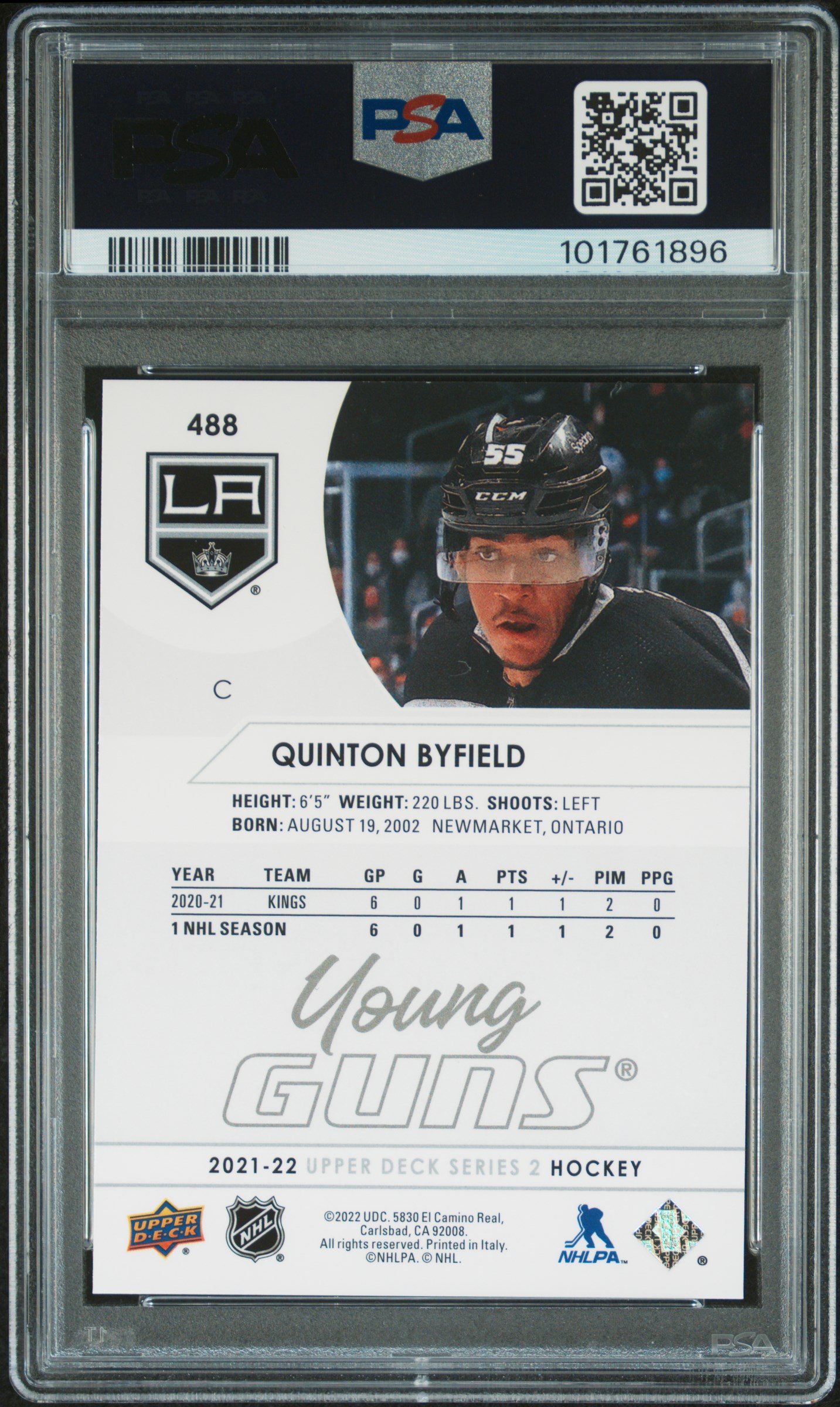 2021-2022 Upper Deck Quinton Byfield #488 Mint 9 back