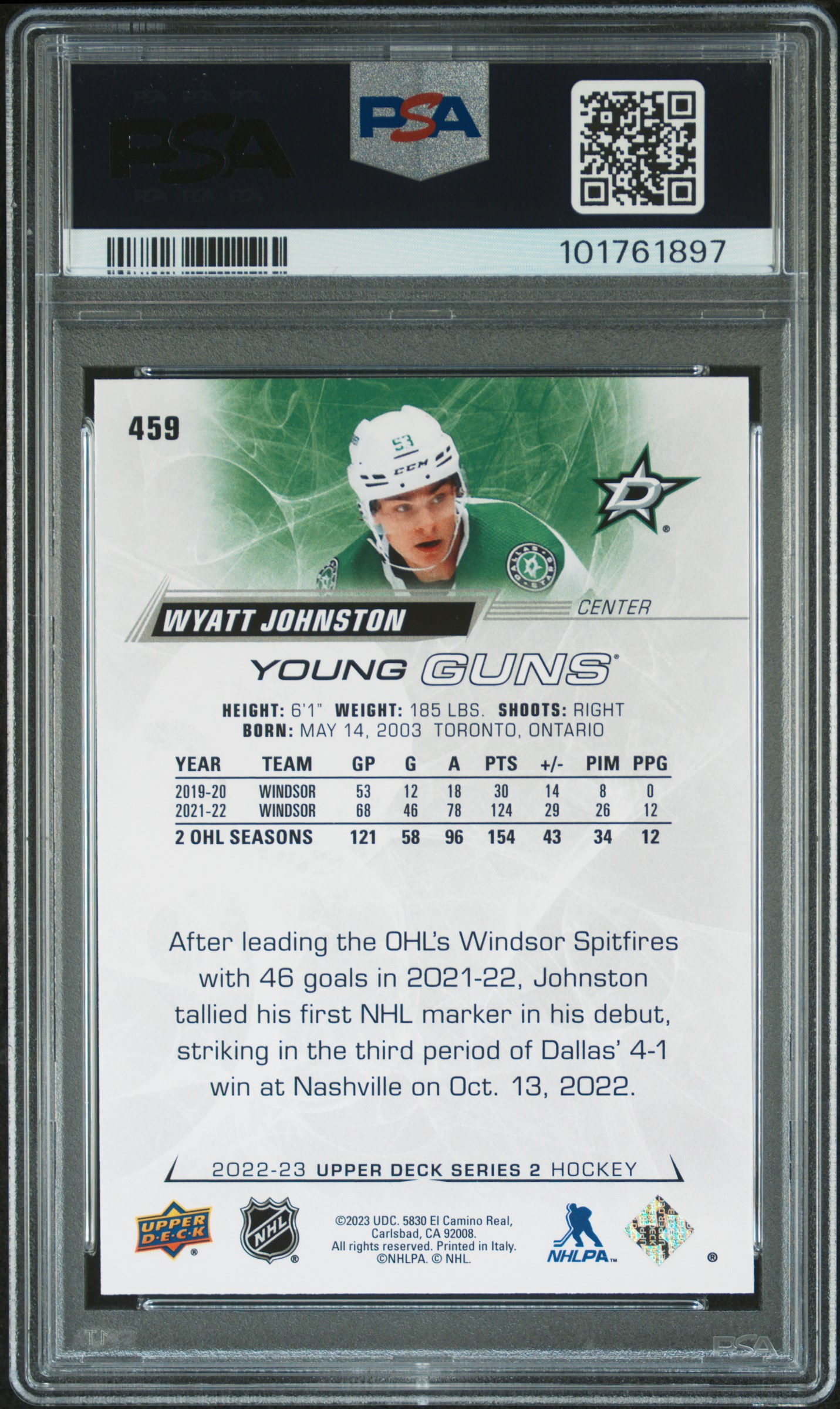 2022 Upper Deck Wyatt Johnston #459 Gem Mt 10 back