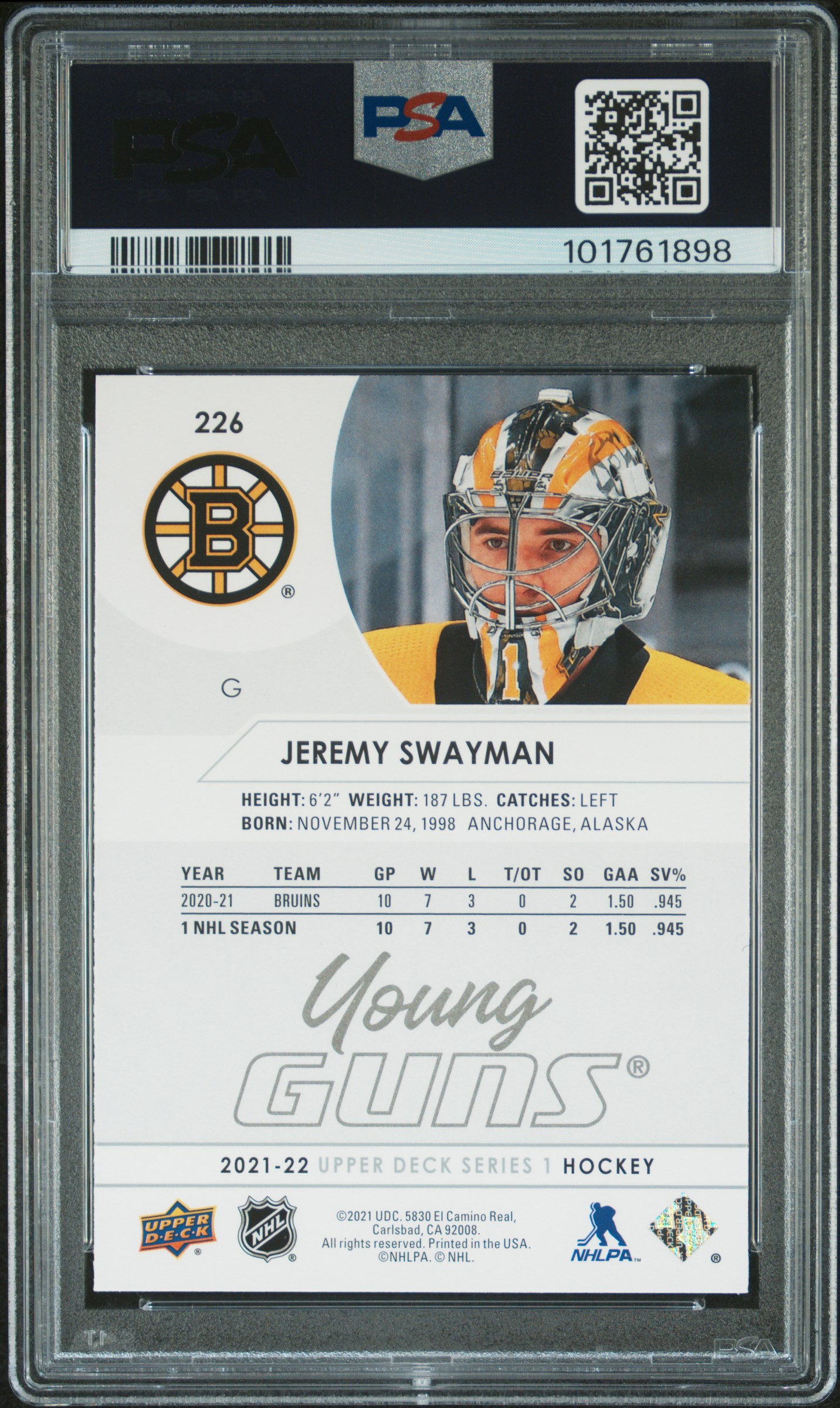 2021-2022 Upper Deck Jeremy Swayman #226 Gem Mt 10 back