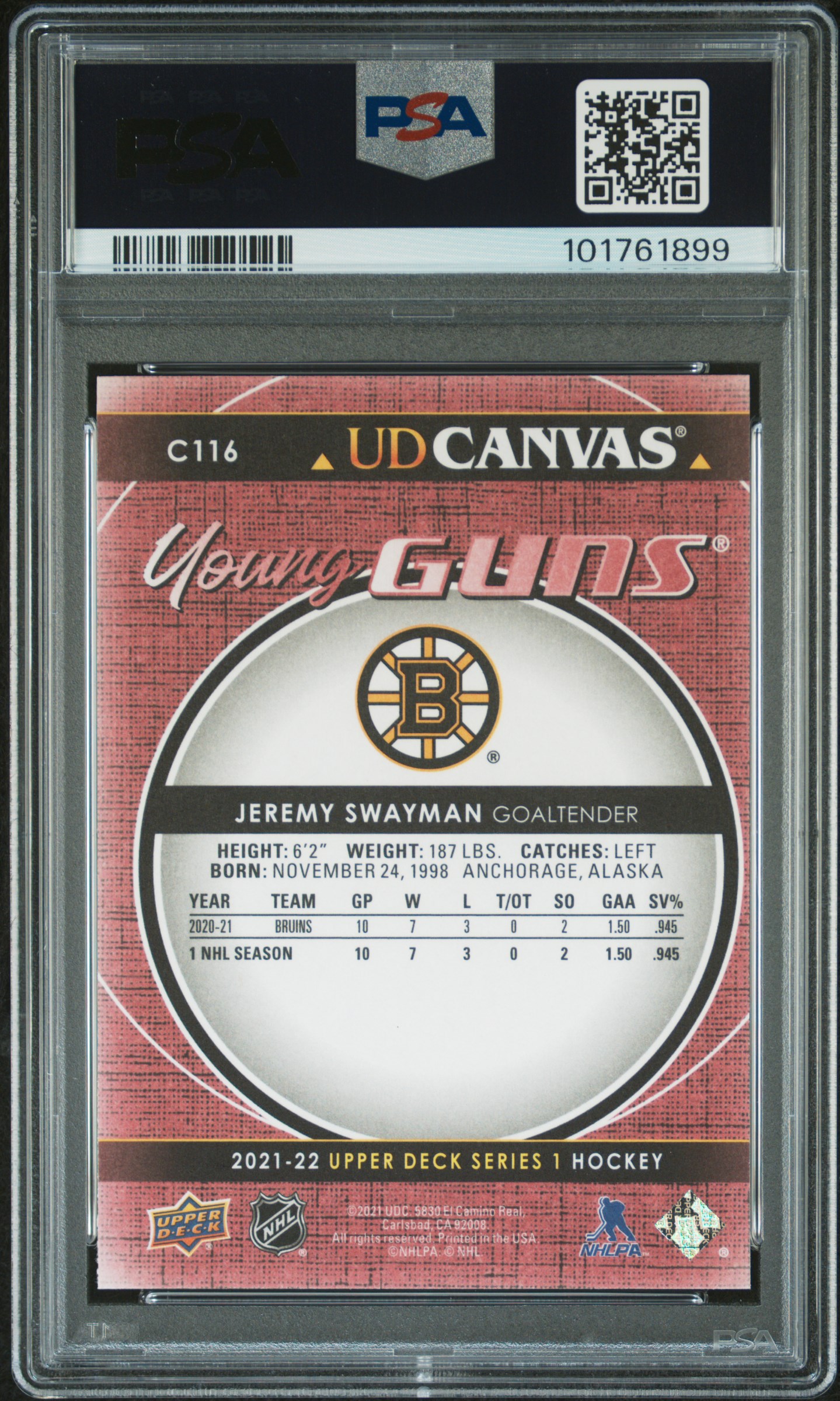 2021-2022 Upper Deck Ud Canvas Jeremy Swayman #C116 (Ud Canvas) Gem Mt 10 back