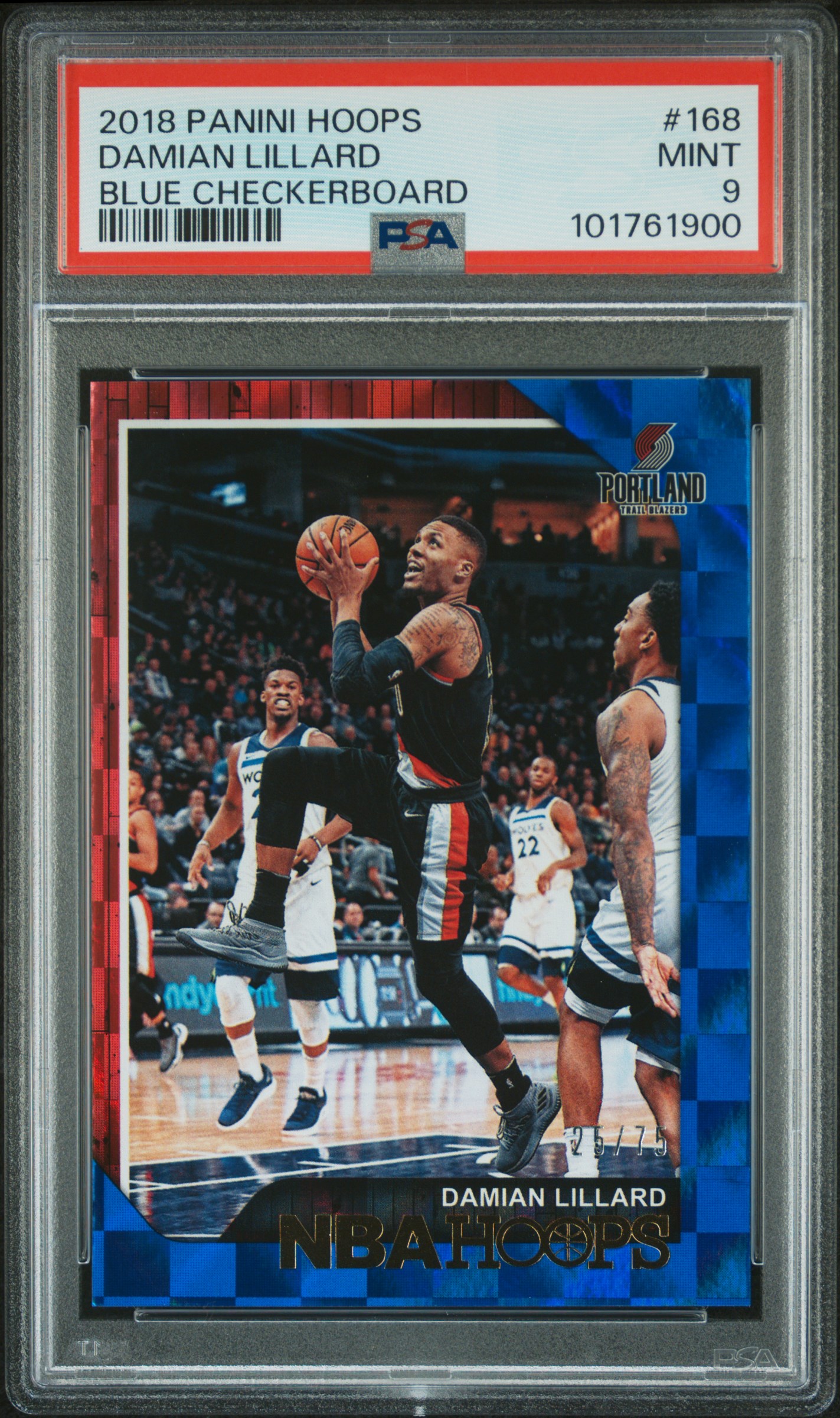 2018 Panini Hoops Damian Lillard #168 (Blue Checkerboard) Mint 9 front