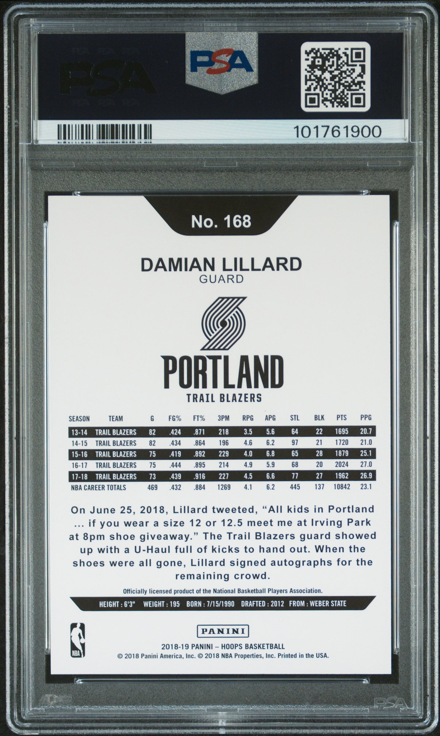 2018 Panini Hoops Damian Lillard #168 (Blue Checkerboard) Mint 9 back