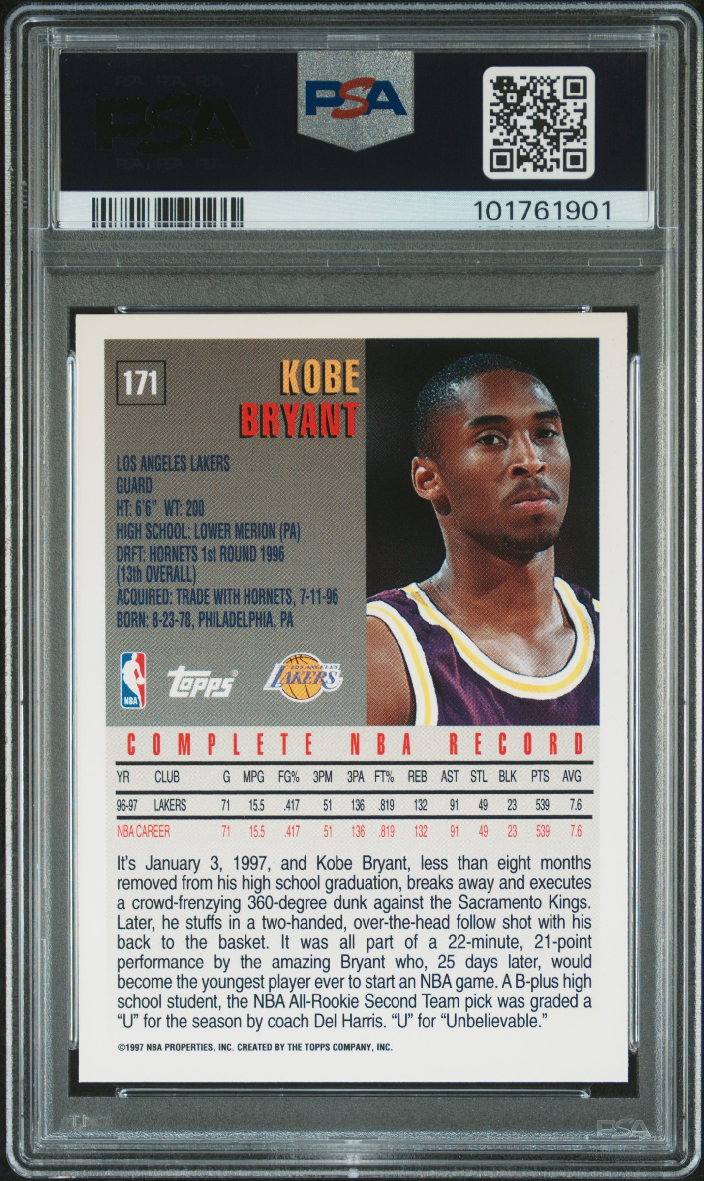 1997 Topps Kobe Bryant #171 Mint 9 back