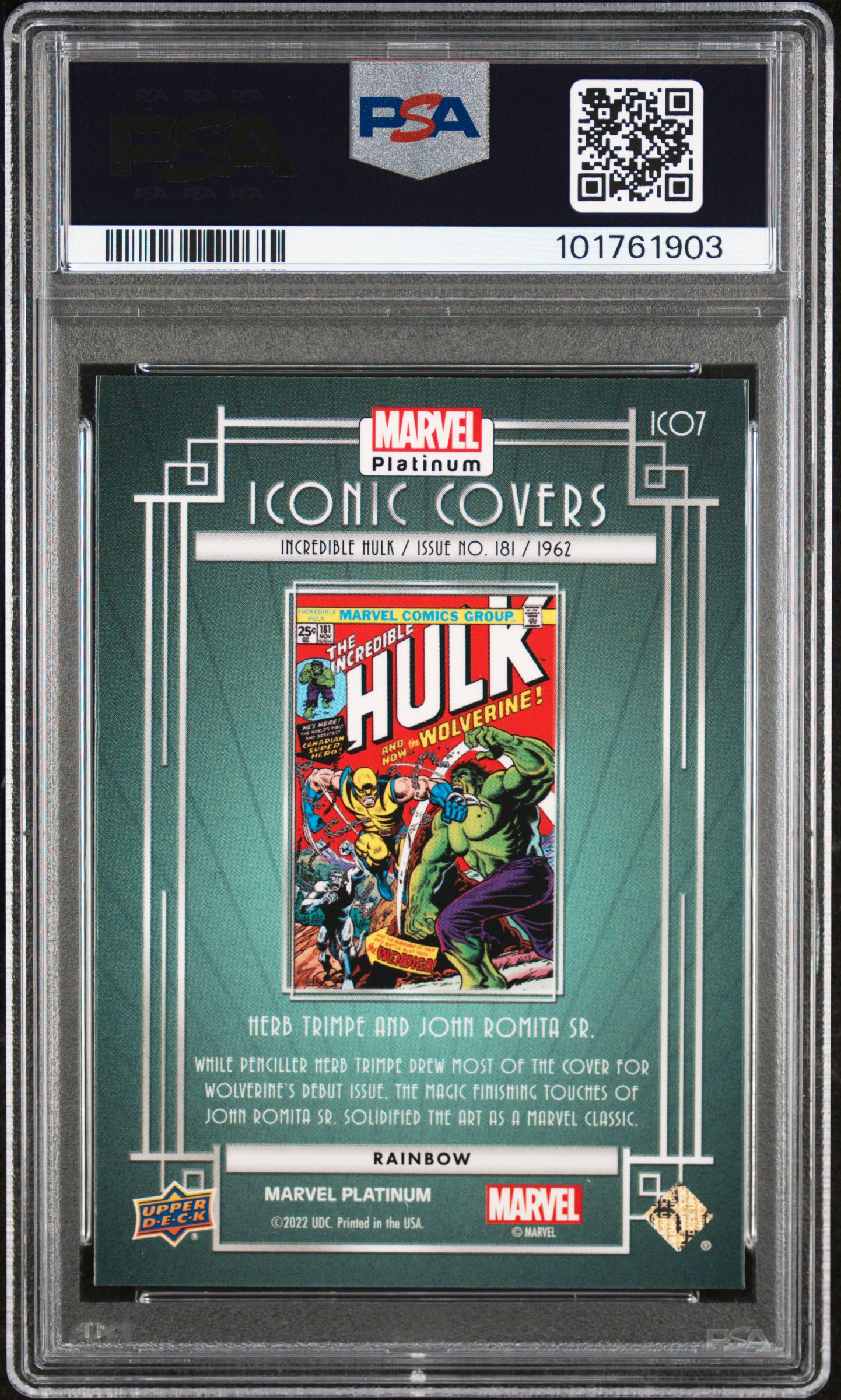 2023 Upper Deck Marvel Platinum Iconic Covers Incredible Hulk #Ic07 (Iconic Covers-Rainbow) Gem Mt 10 back