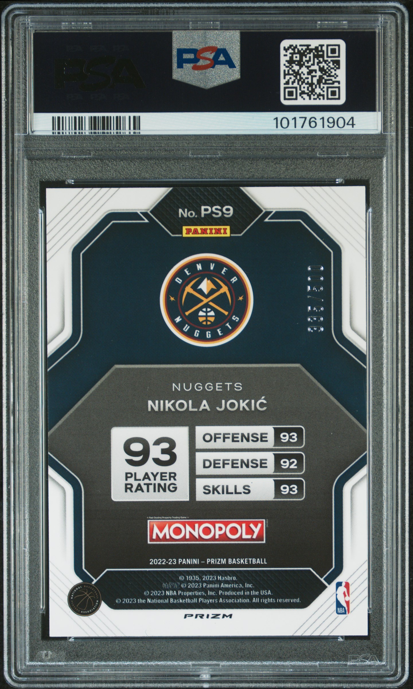 2022 Panini Prizm Monopoly Prizm All-Stars Nikola Jokic #Ps9 (Prizm As-Gold Money Shim) Gem Mt 10 back