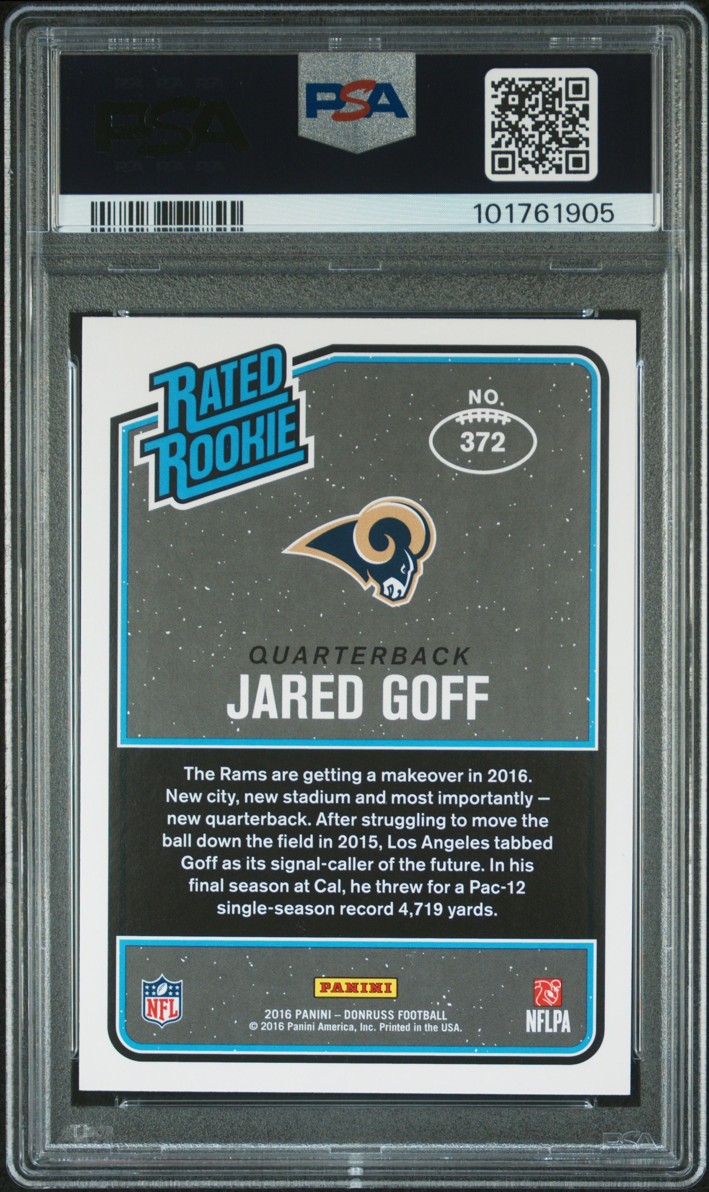 2016 Panini Donruss Jared Goff #372 (Press Proof Blue) Gem Mt 10 back