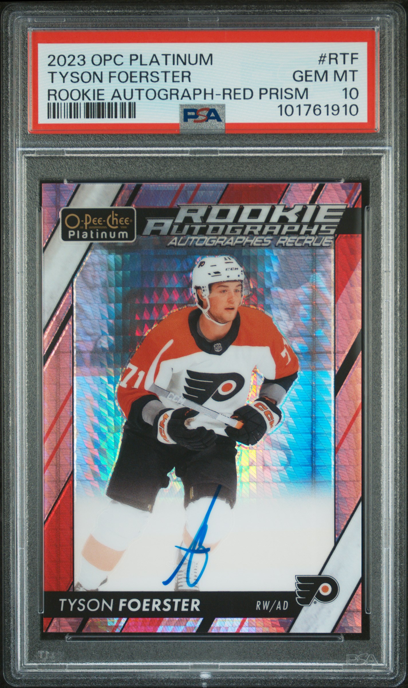 2023 O-Pee-Chee Platinum Rookie Autographs Tyson Foerster #Rtf (Rookie Autograph-Red Prism) Gem Mt 10 front