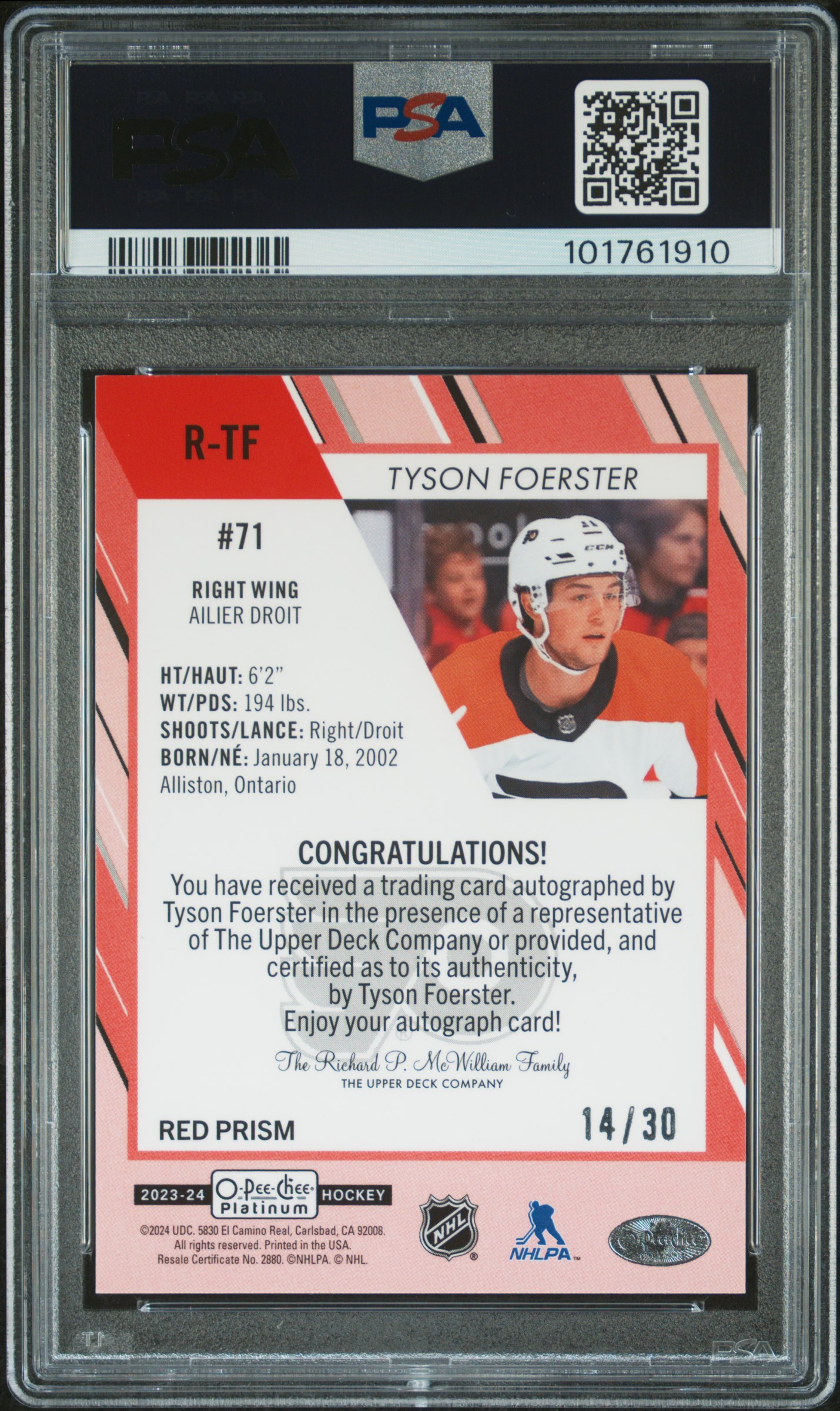 2023 O-Pee-Chee Platinum Rookie Autographs Tyson Foerster #Rtf (Rookie Autograph-Red Prism) Gem Mt 10 back