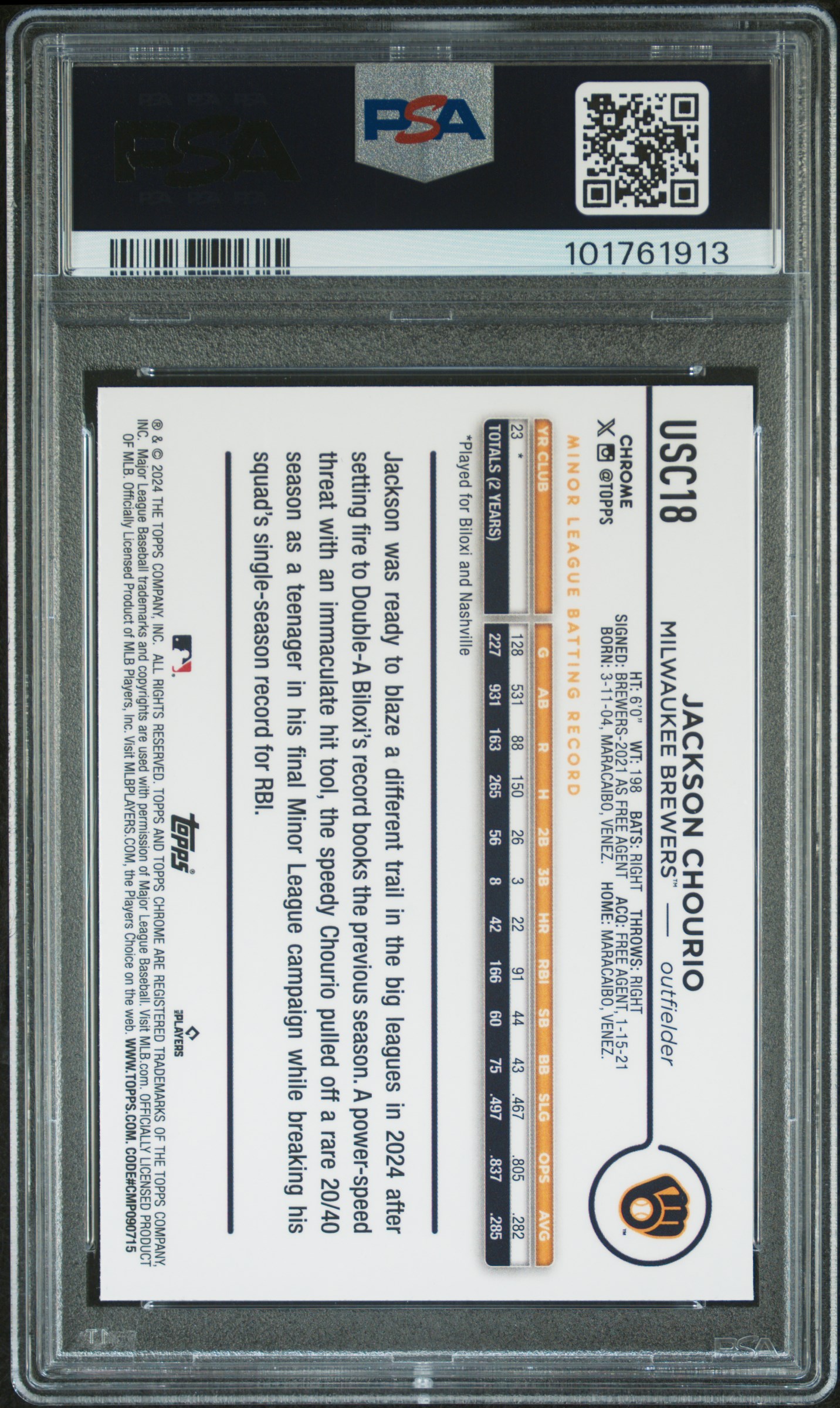 2024 Topps Chrome Update Jackson Chourio #Usc18 (Magenta Refractor) Mint 9 back