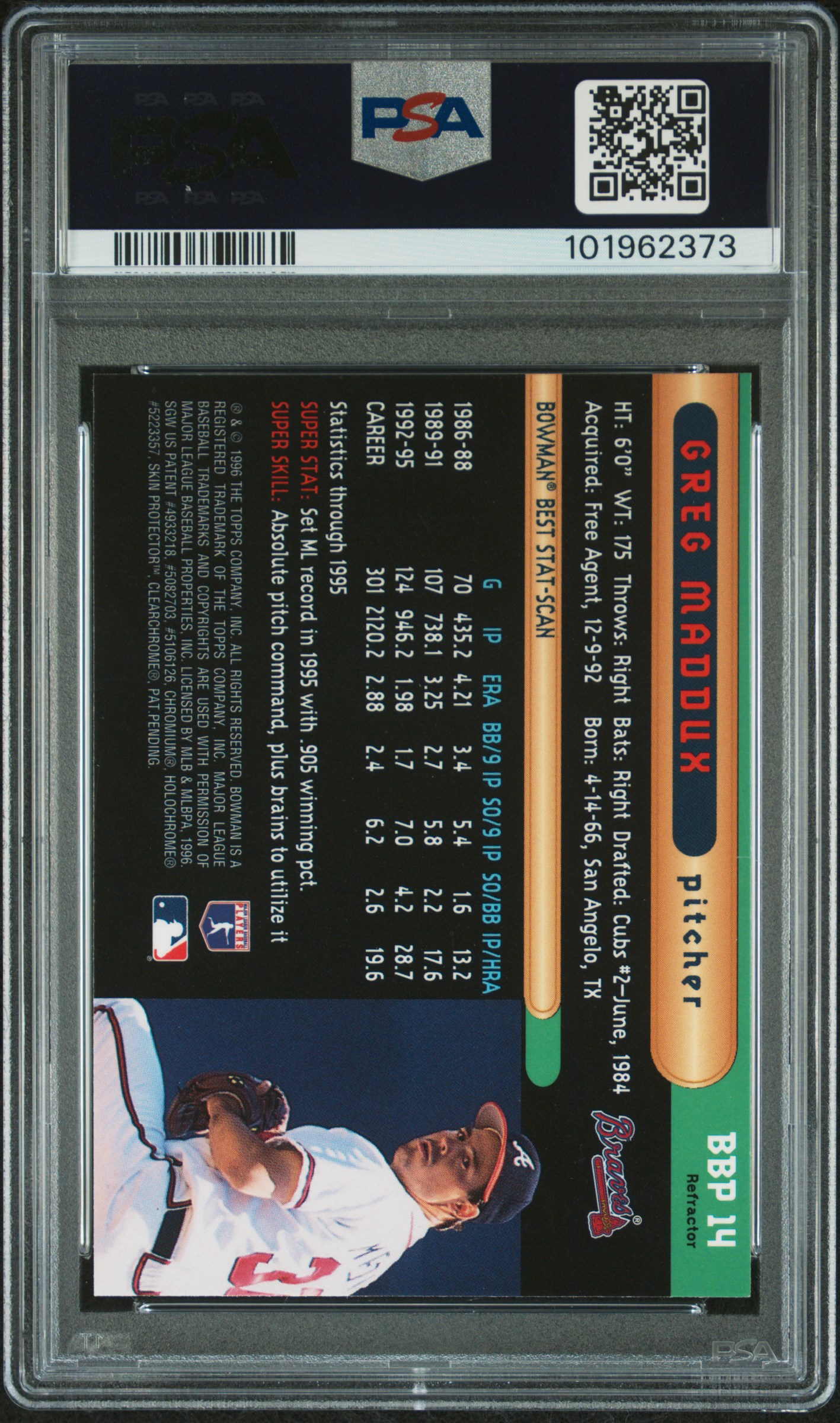 1996 Bowman's Best Preview Greg Maddux #Bbp14 (Preview-Refractor) Mint 9 back