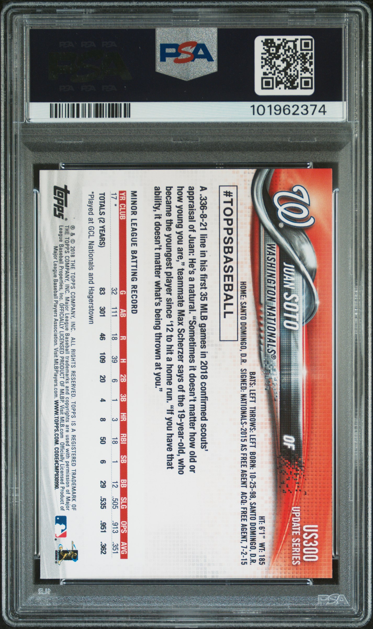 2018 Topps Update Juan Soto #Us300 Nm-Mt 8 back