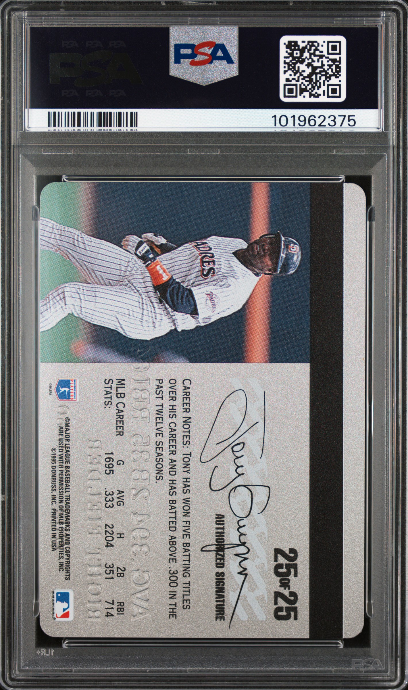 1995 Studio Tony Gwynn #25 (Platinum) Mint 9 back