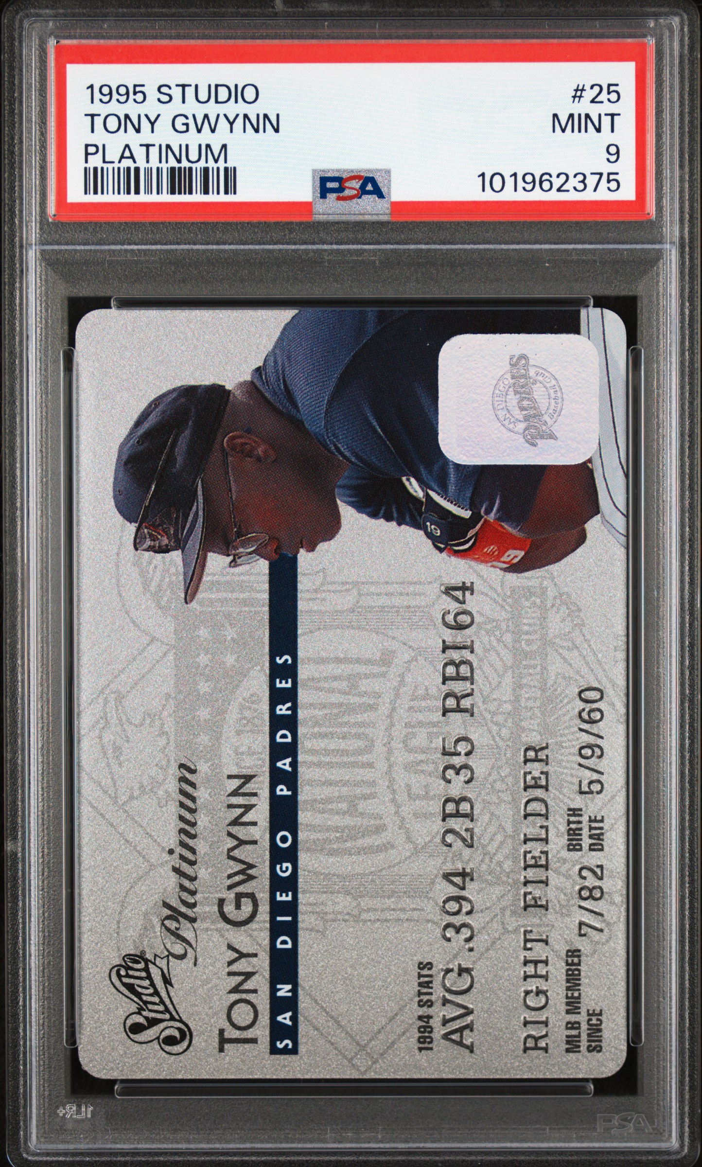 1995 Studio Tony Gwynn #25 (Platinum) Mint 9 front