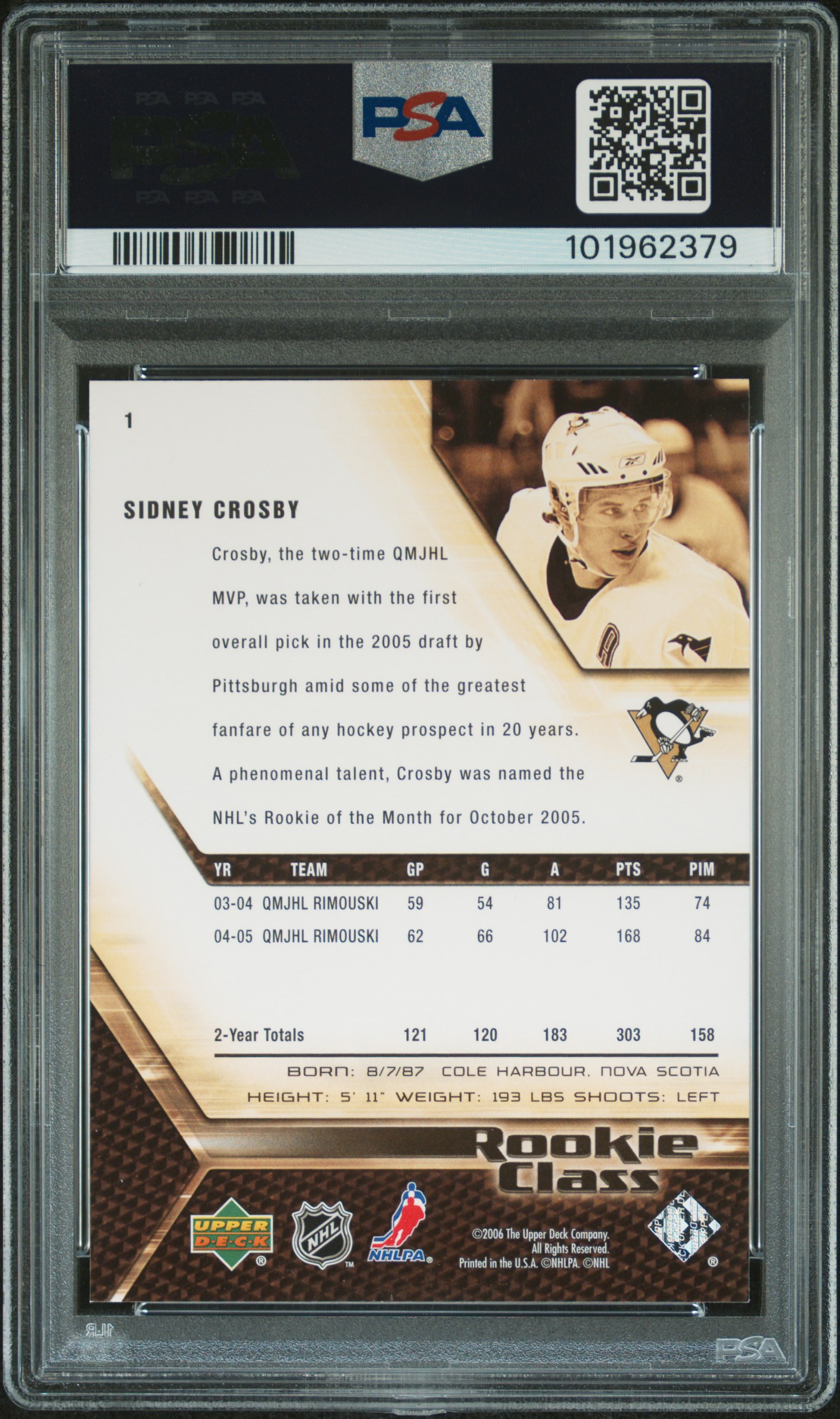 2005 Upper Deck Rookie Class Sidney Crosby #1 (Rookie Class) Mint 9 back
