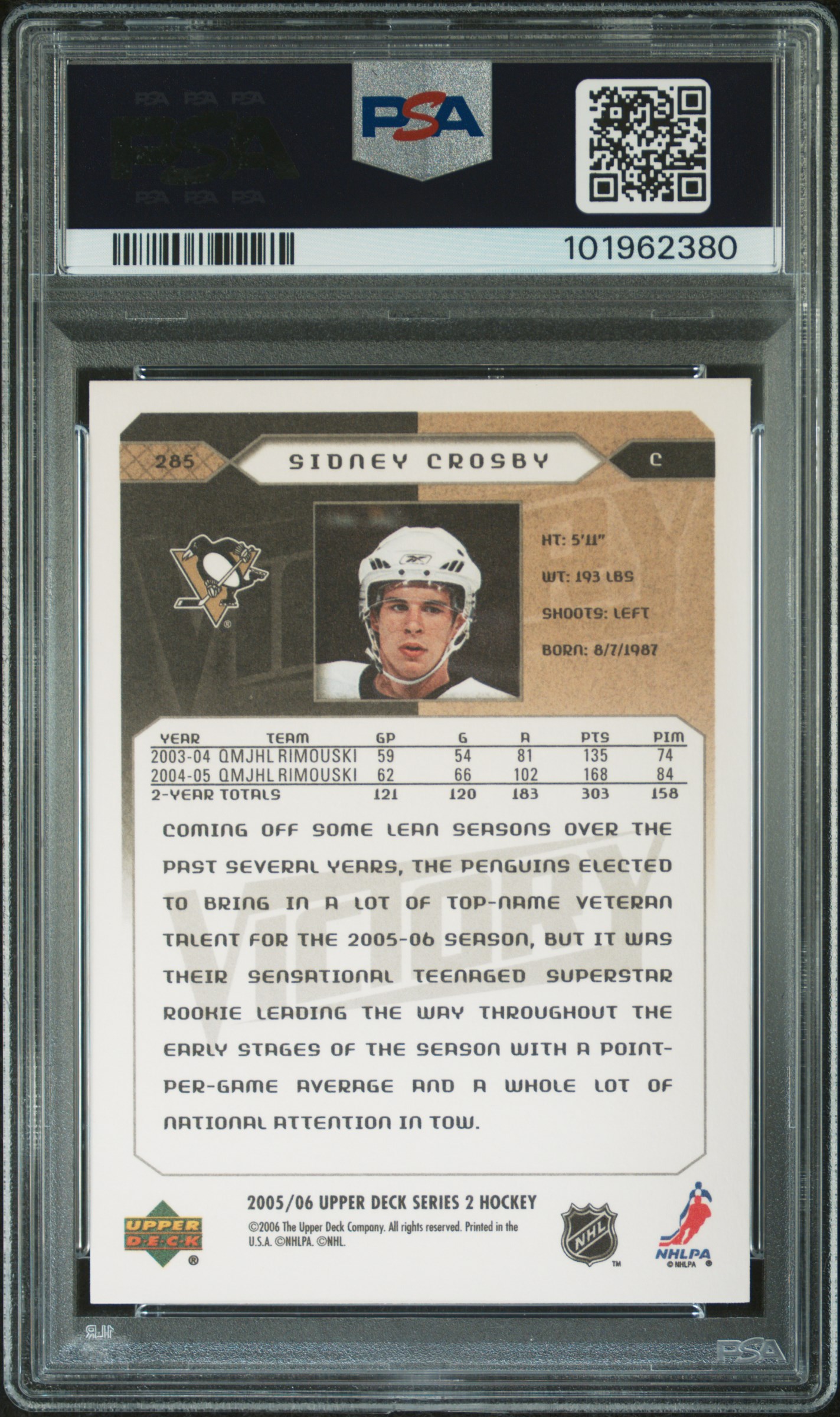 2005 Upper Deck Victory Sidney Crosby #285 Mint 9 back