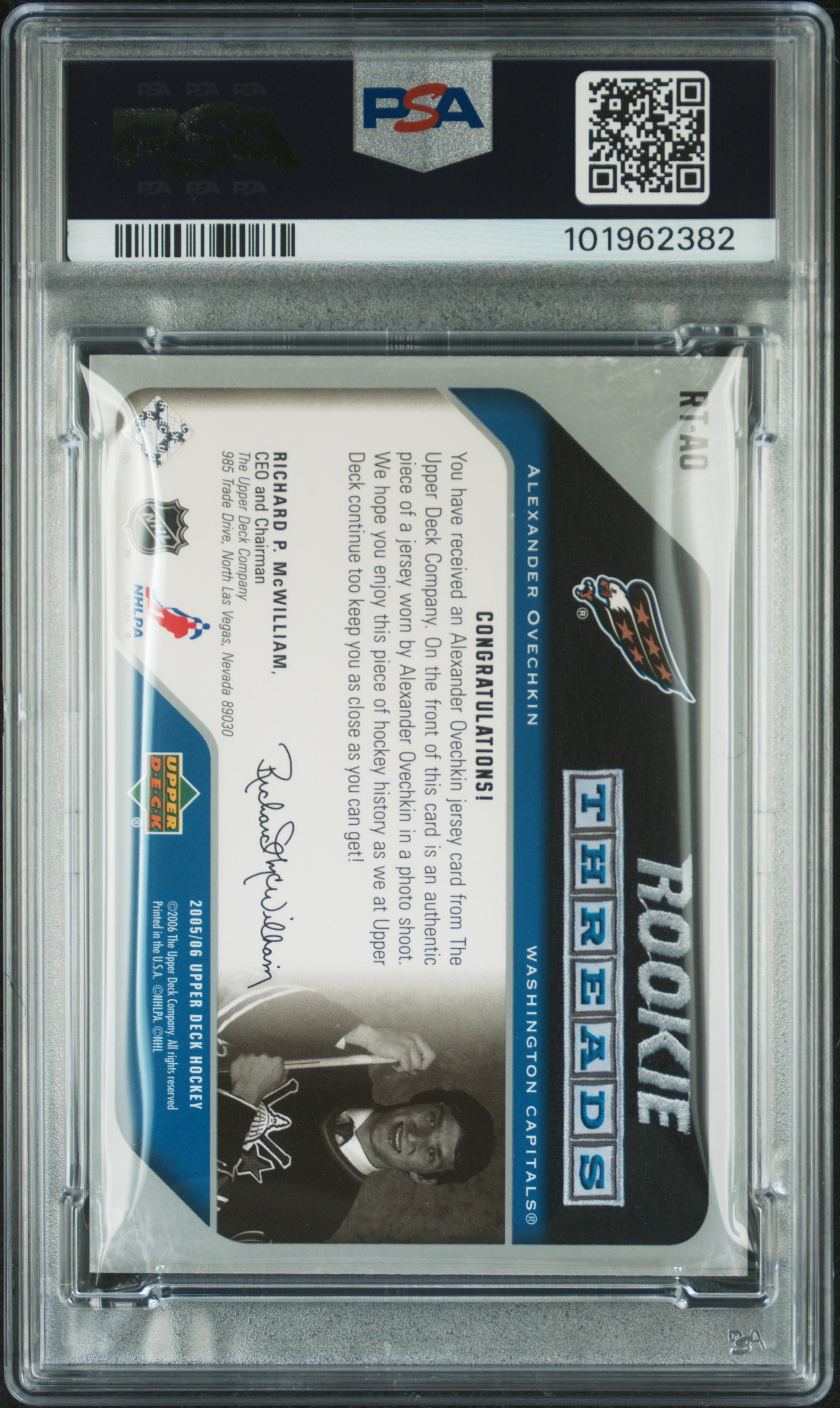 2005 Upper Deck Rookie Threads Alexander Ovechkin #Rt-Ao (Rookie Threads) Mint 9 back