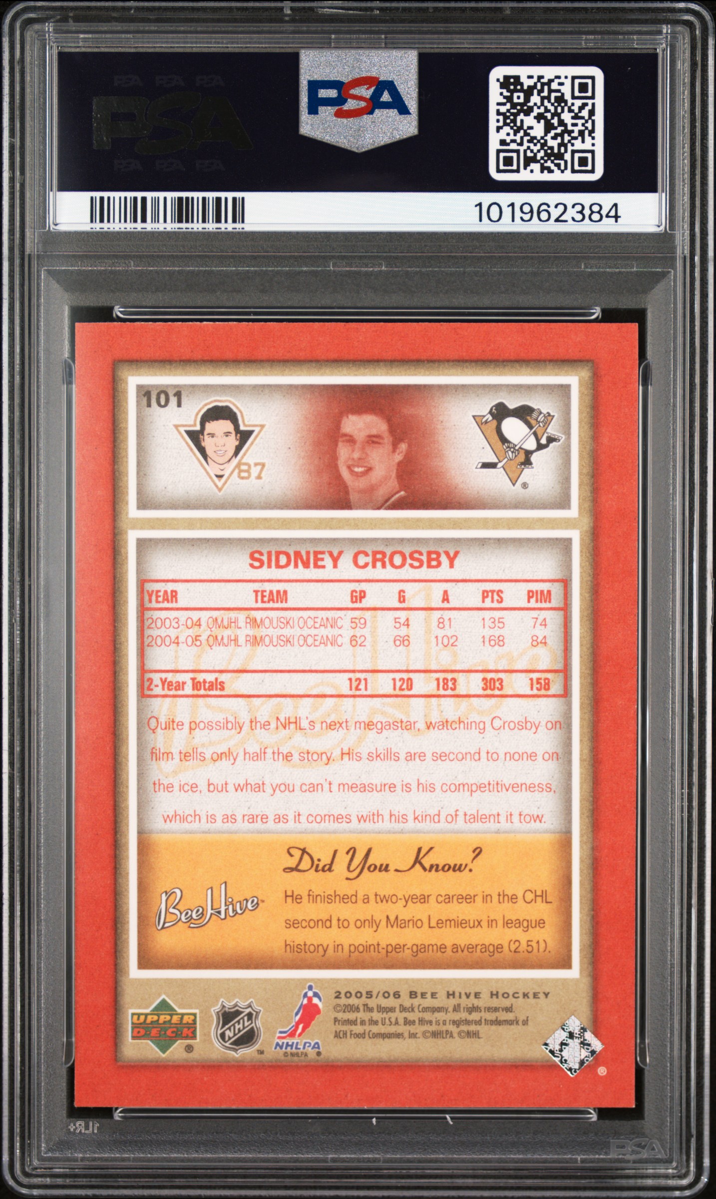 2005 Upper Deck Bee Hive Sidney Crosby #101 (Red) Gem Mt 10 back