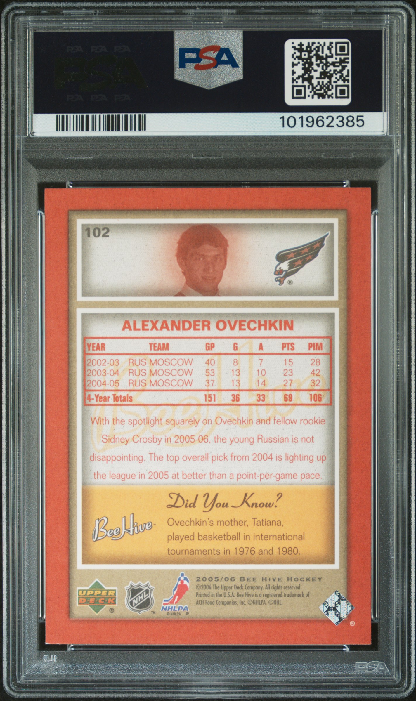 2005 Upper Deck Bee Hive Alexander Ovechkin #102 (Red) Ex 5 back