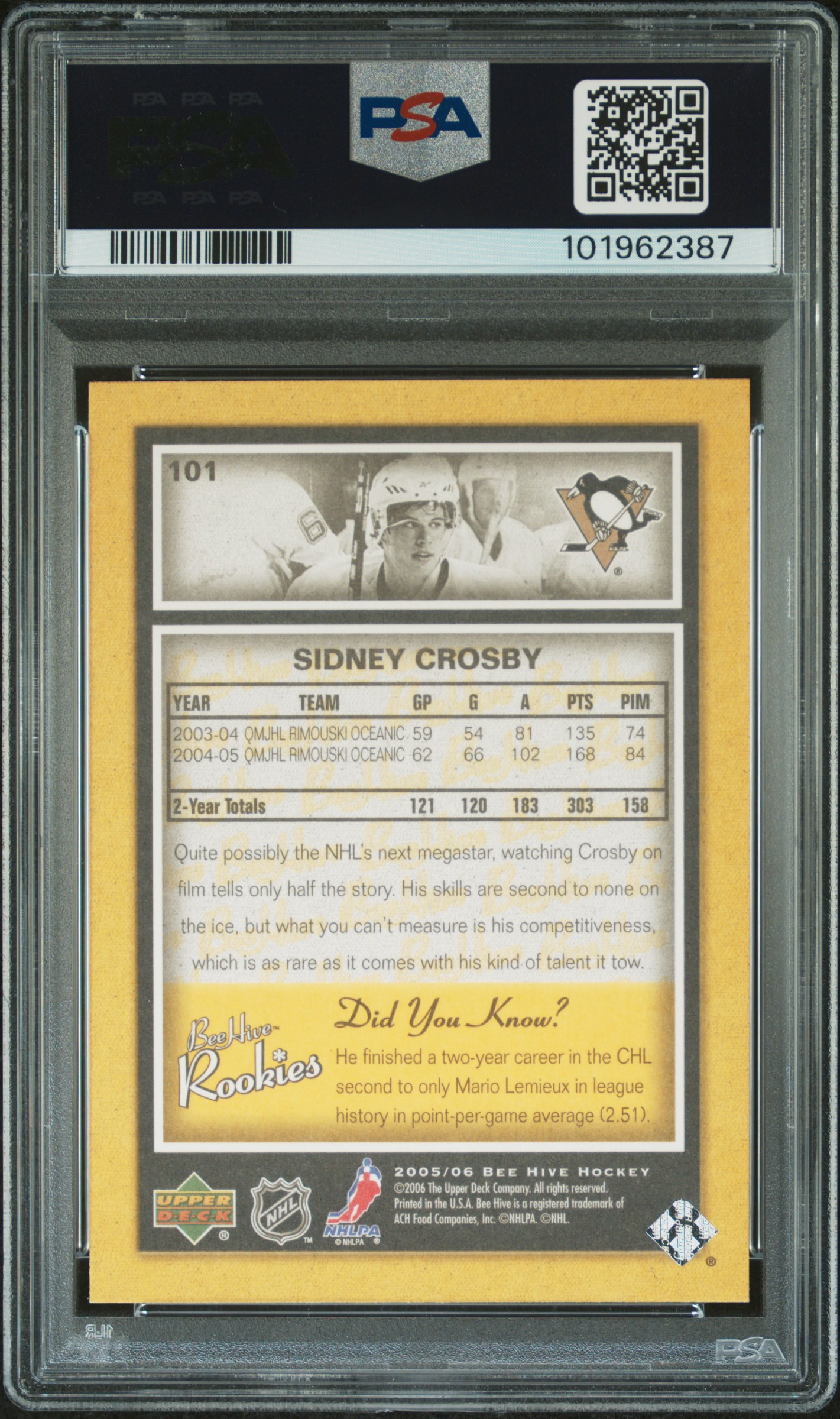 2005 Upper Deck Bee Hive Sidney Crosby #101 Gem Mt 10 back