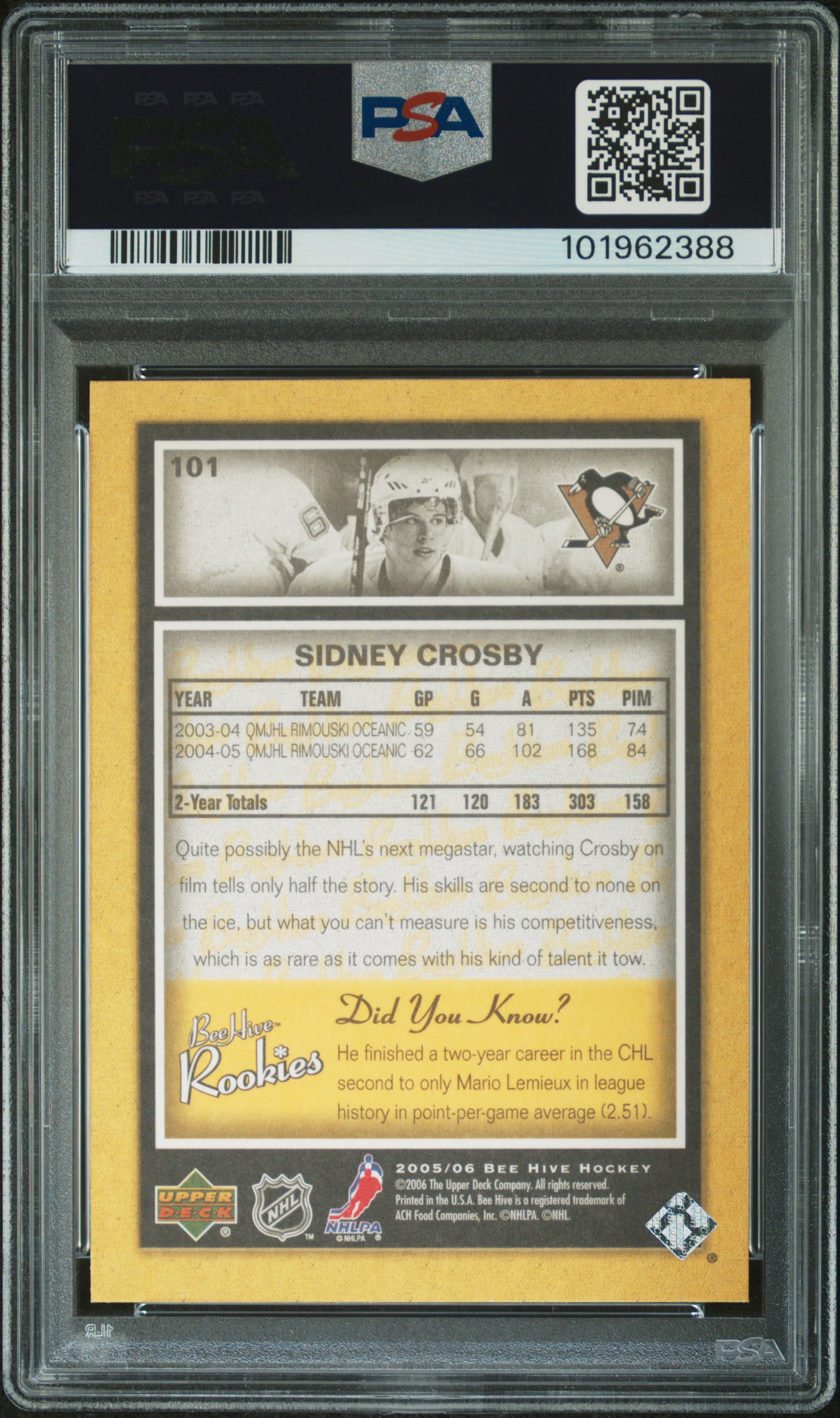 2005 Upper Deck Bee Hive Sidney Crosby #101 Gem Mt 10 back