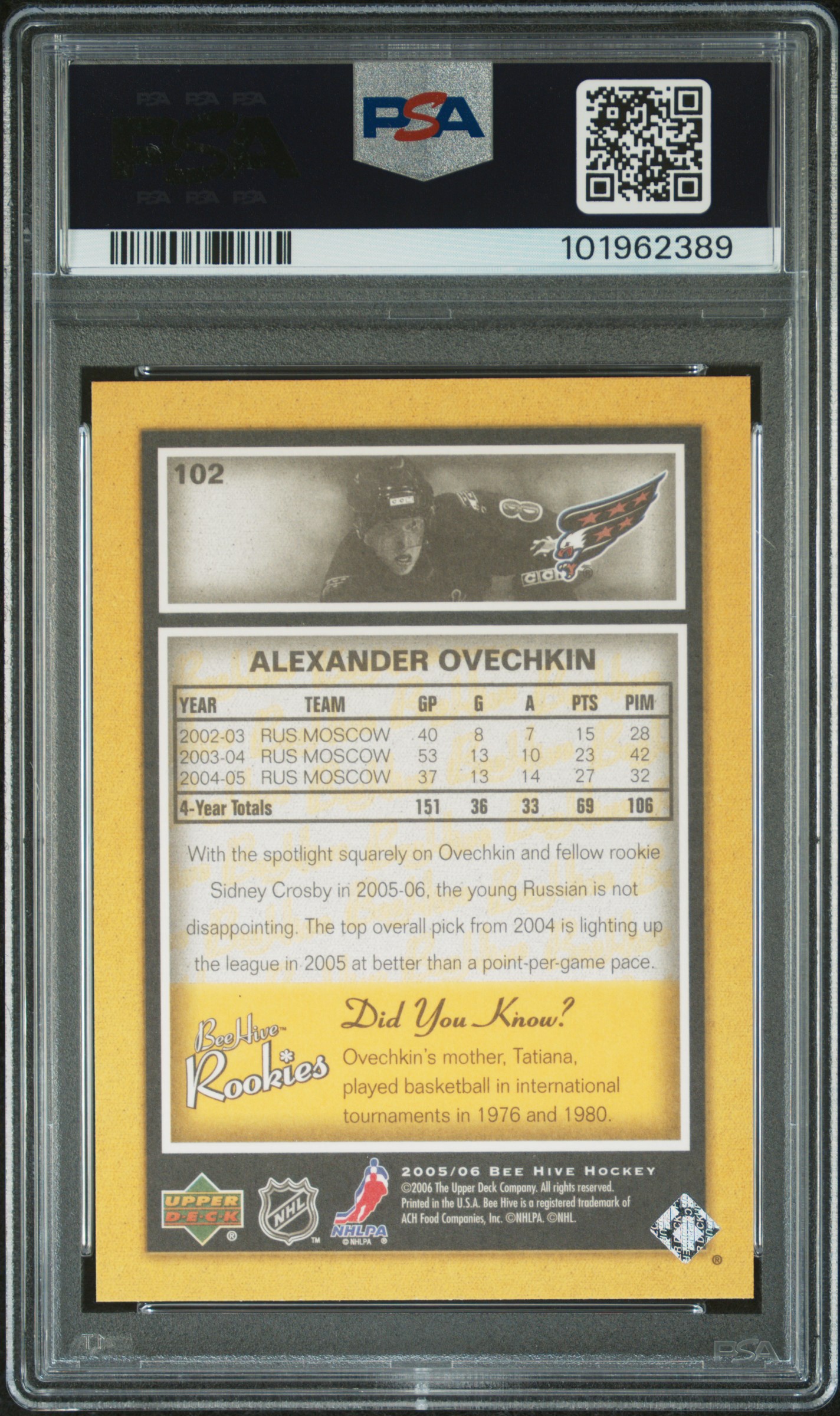 2005 Upper Deck Bee Hive Alexander Ovechkin #102 Gem Mt 10 back