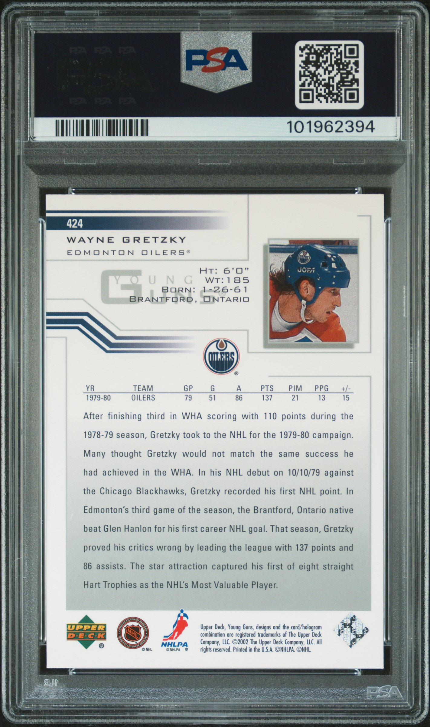 2001 Upper Deck Wayne Gretzky #424 (Hobby) Nm-Mt 8 back