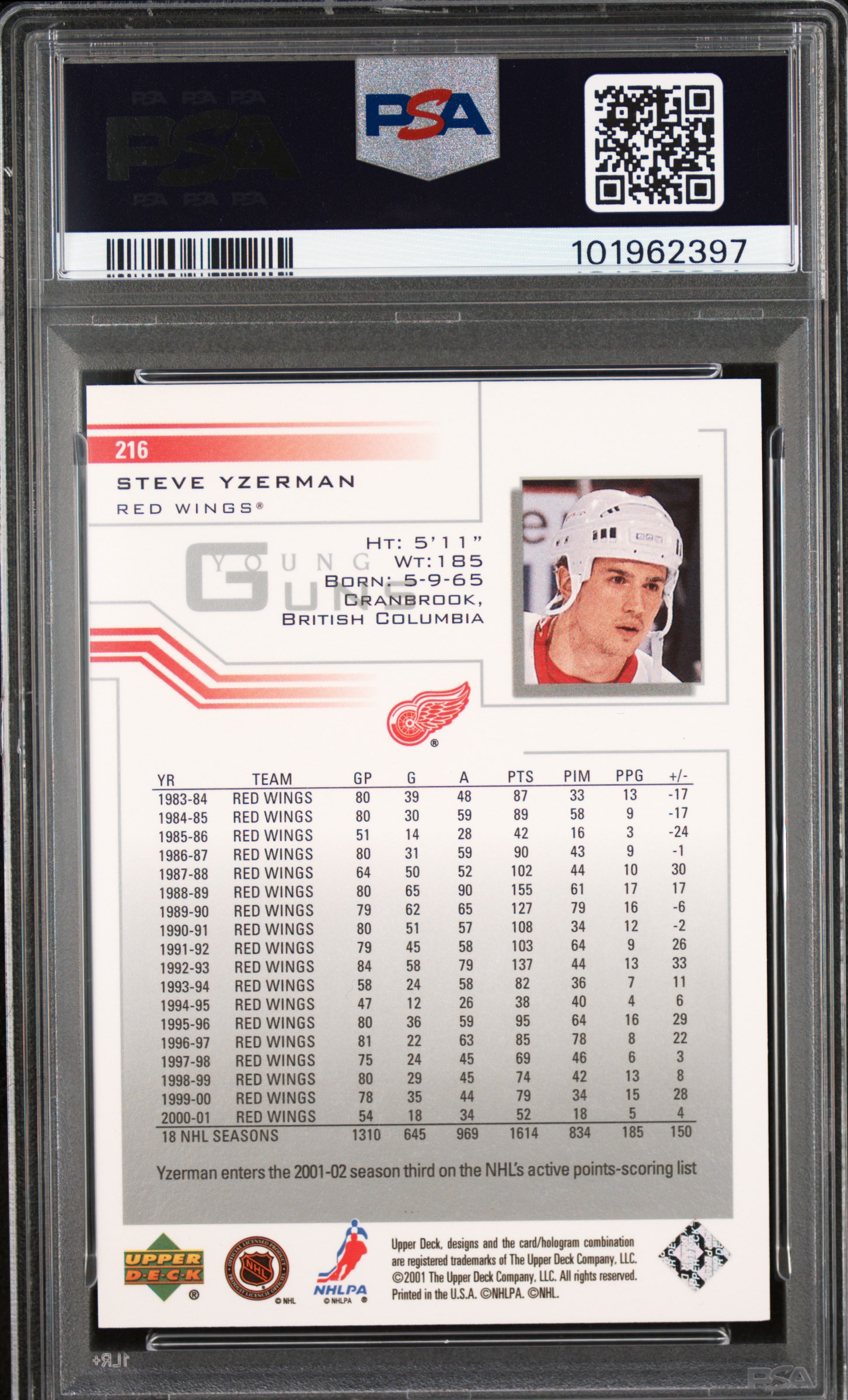 2001 Upper Deck Steve Yzerman #216 Mint 9 back