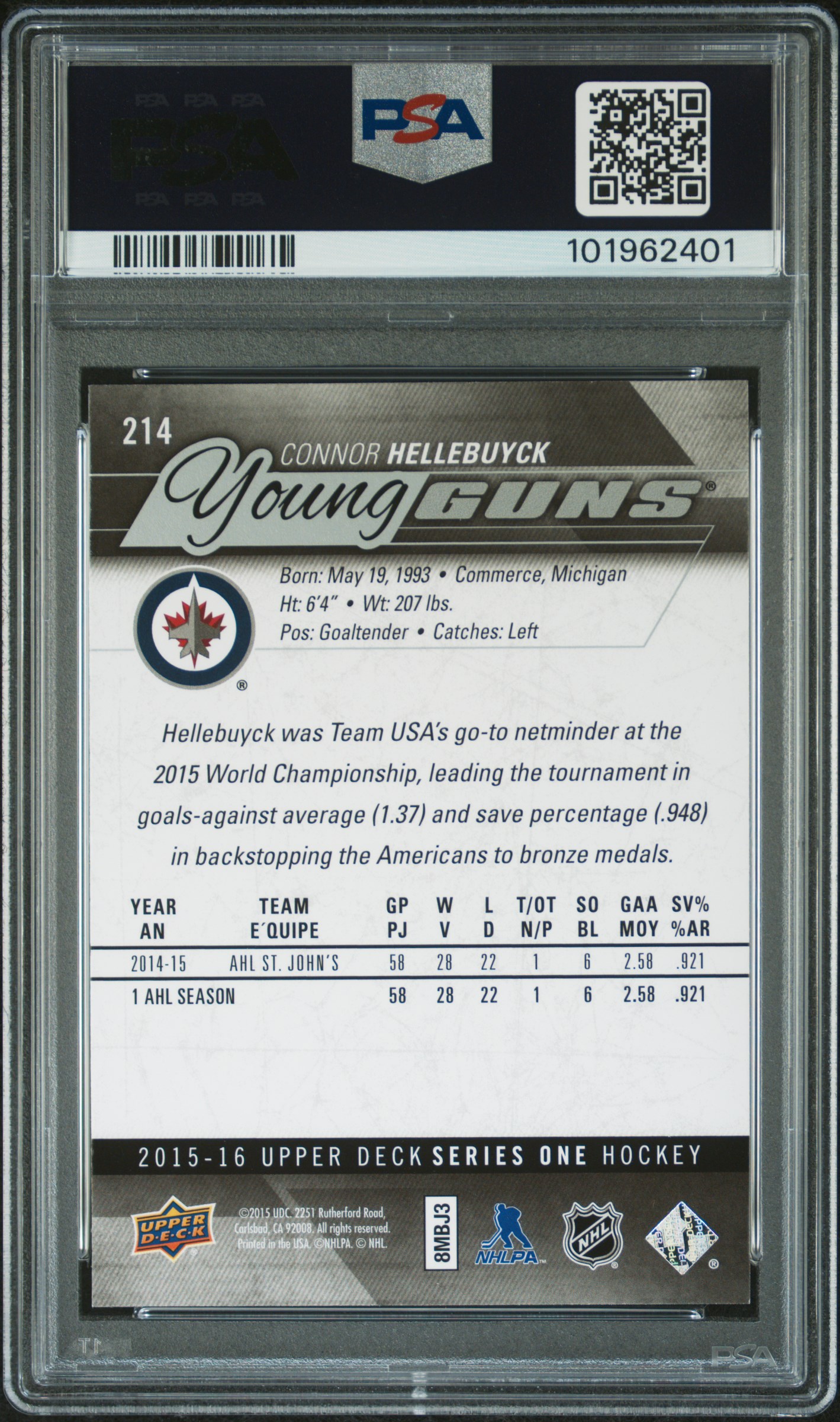 2015 Upper Deck Connor Hellebuyck #214 Mint 9 back