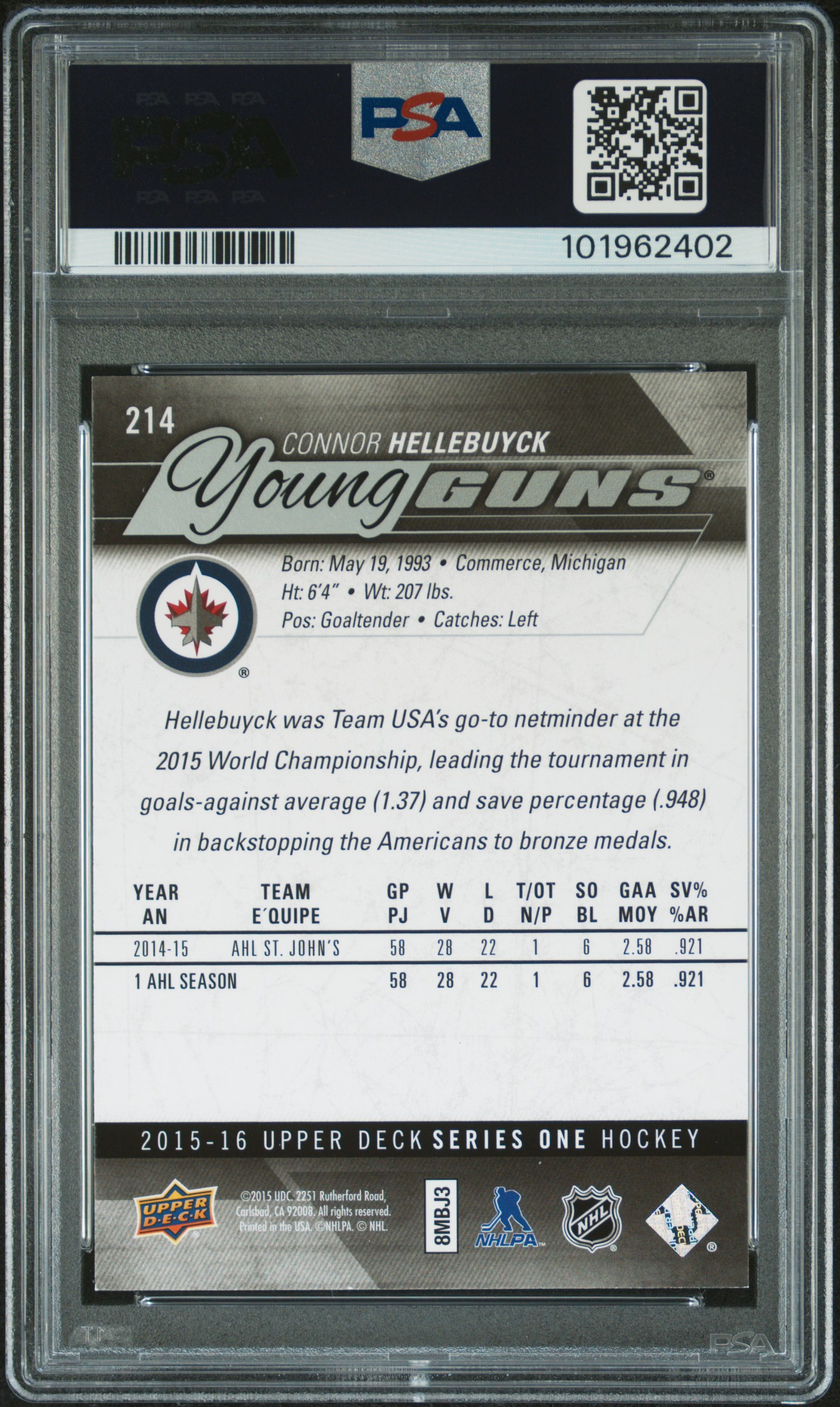 2015 Upper Deck Connor Hellebuyck #214 Mint 9 back