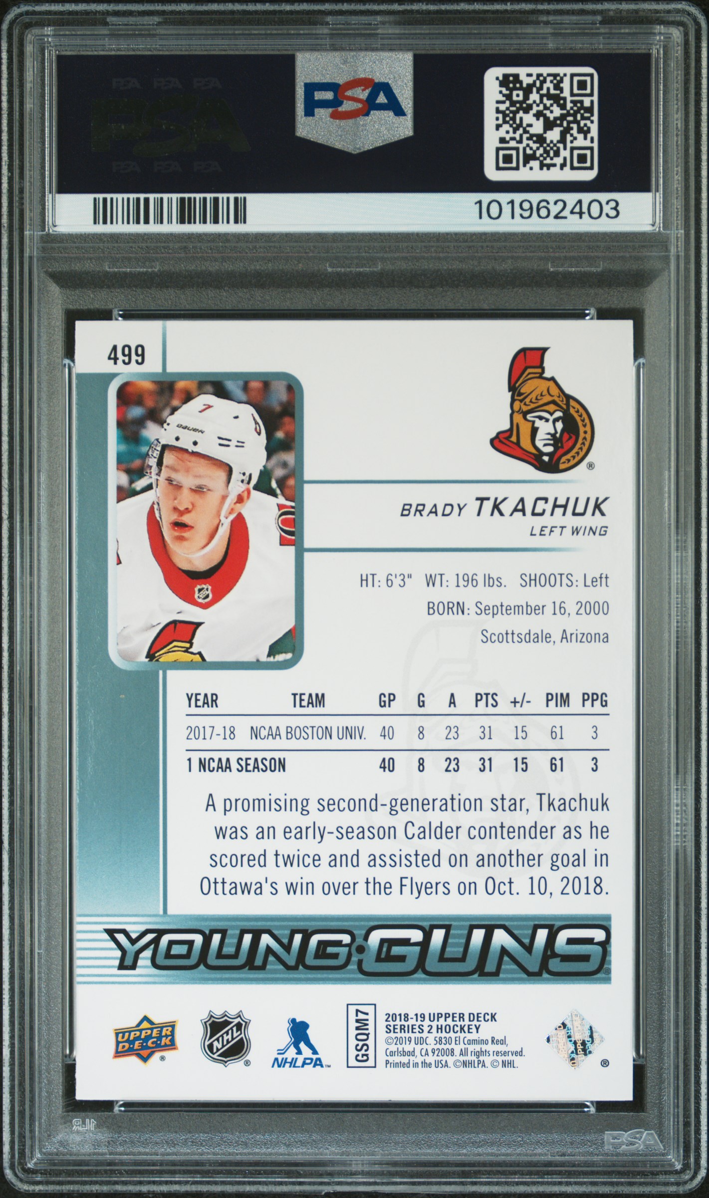 2018 Upper Deck Brady Tkachuk #499 Mint 9 back