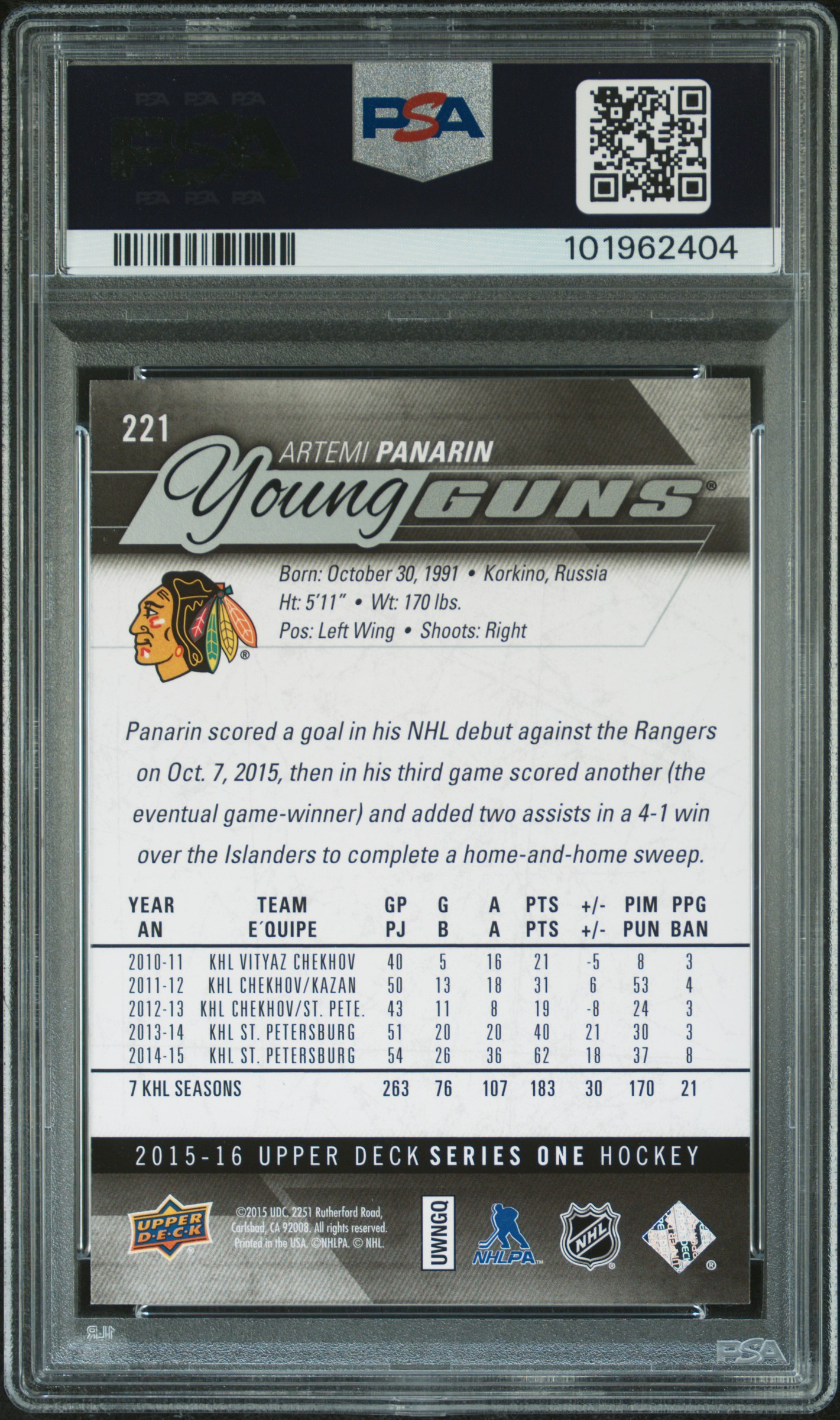 2015 Upper Deck Artemi Panarin #221 Mint 9 back