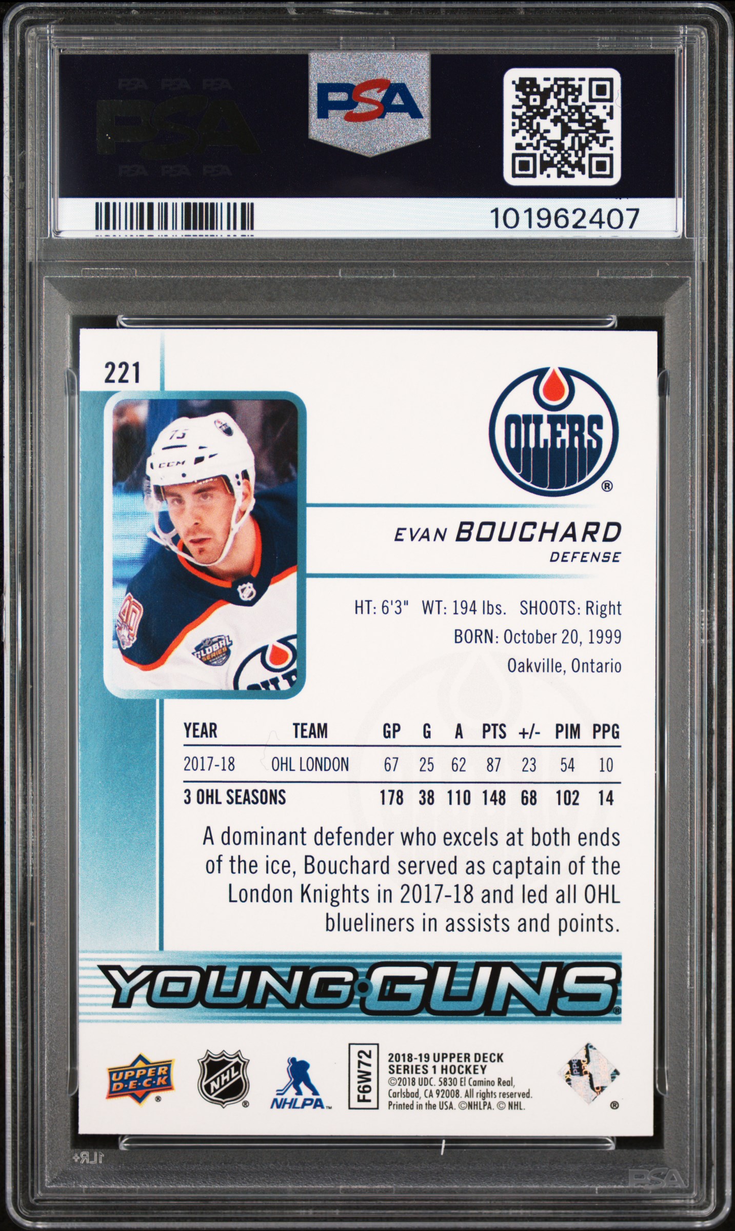 2018 Upper Deck Evan Bouchard #221 Mint 9 back