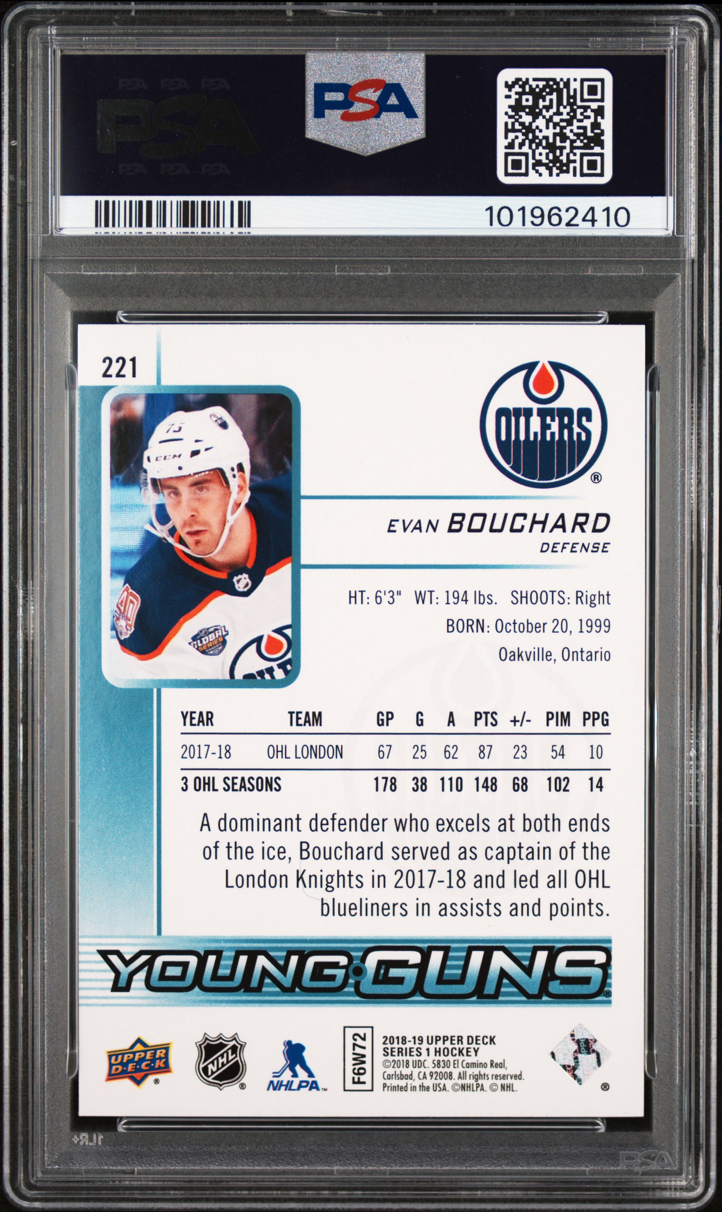 2018 Upper Deck Evan Bouchard #221 Mint 9 back