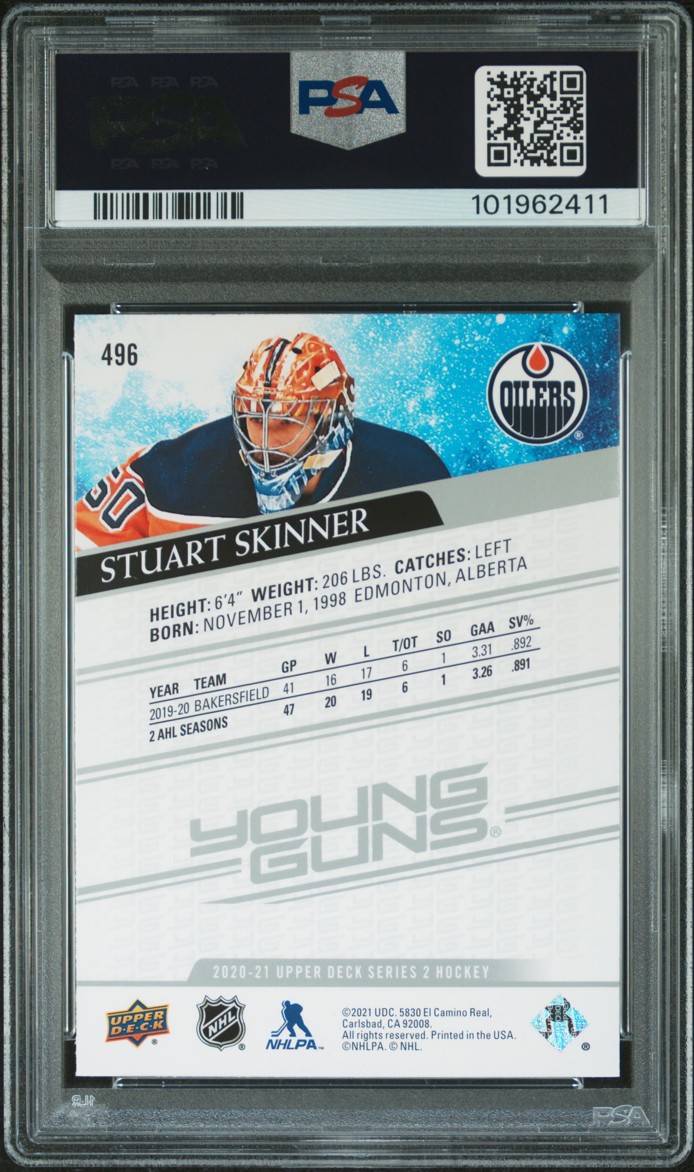 2020 Upper Deck Stuart Skinner #496 Mint 9 back