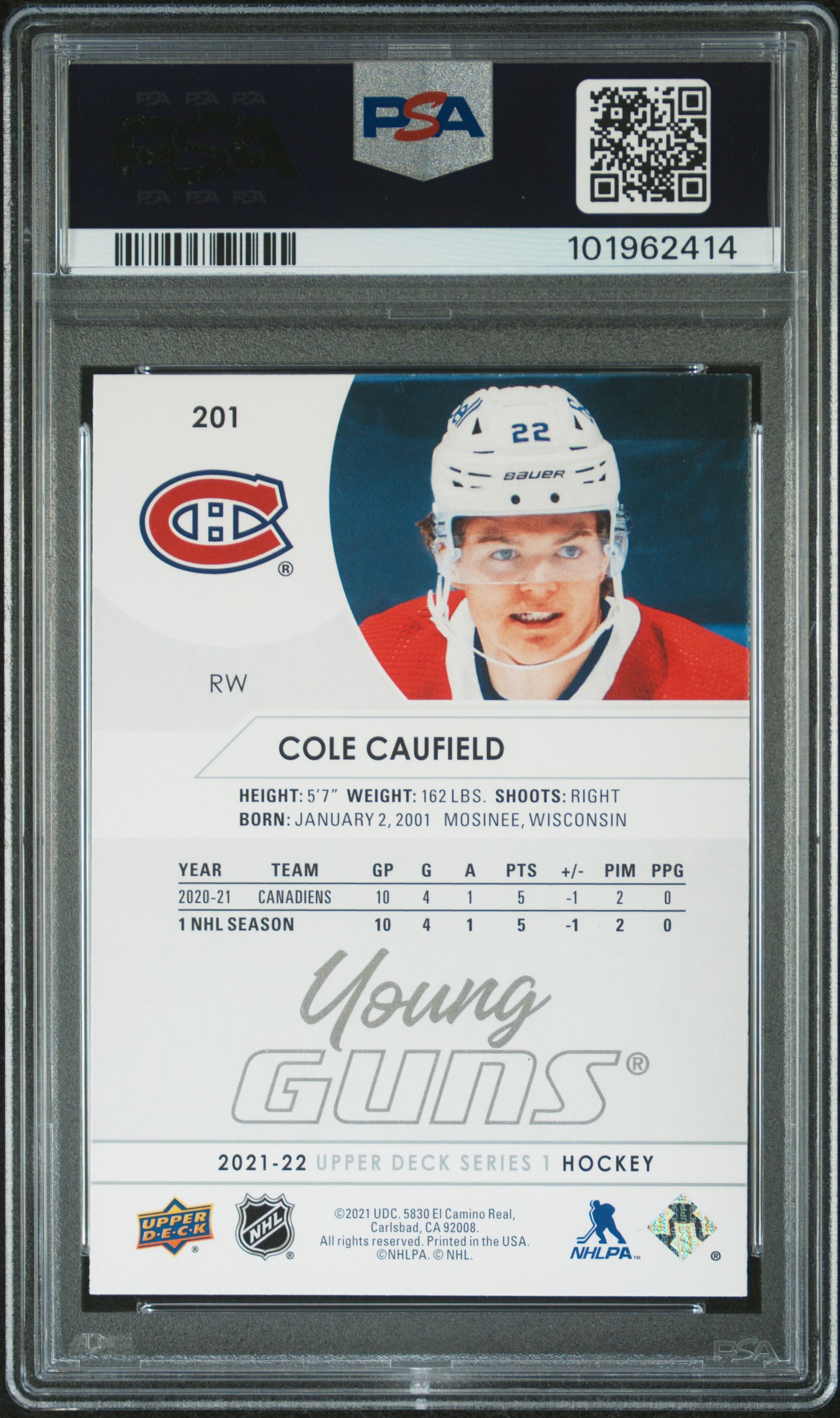 2021-2022 Upper Deck Cole Caufield #201 Nm-Mt 8 back