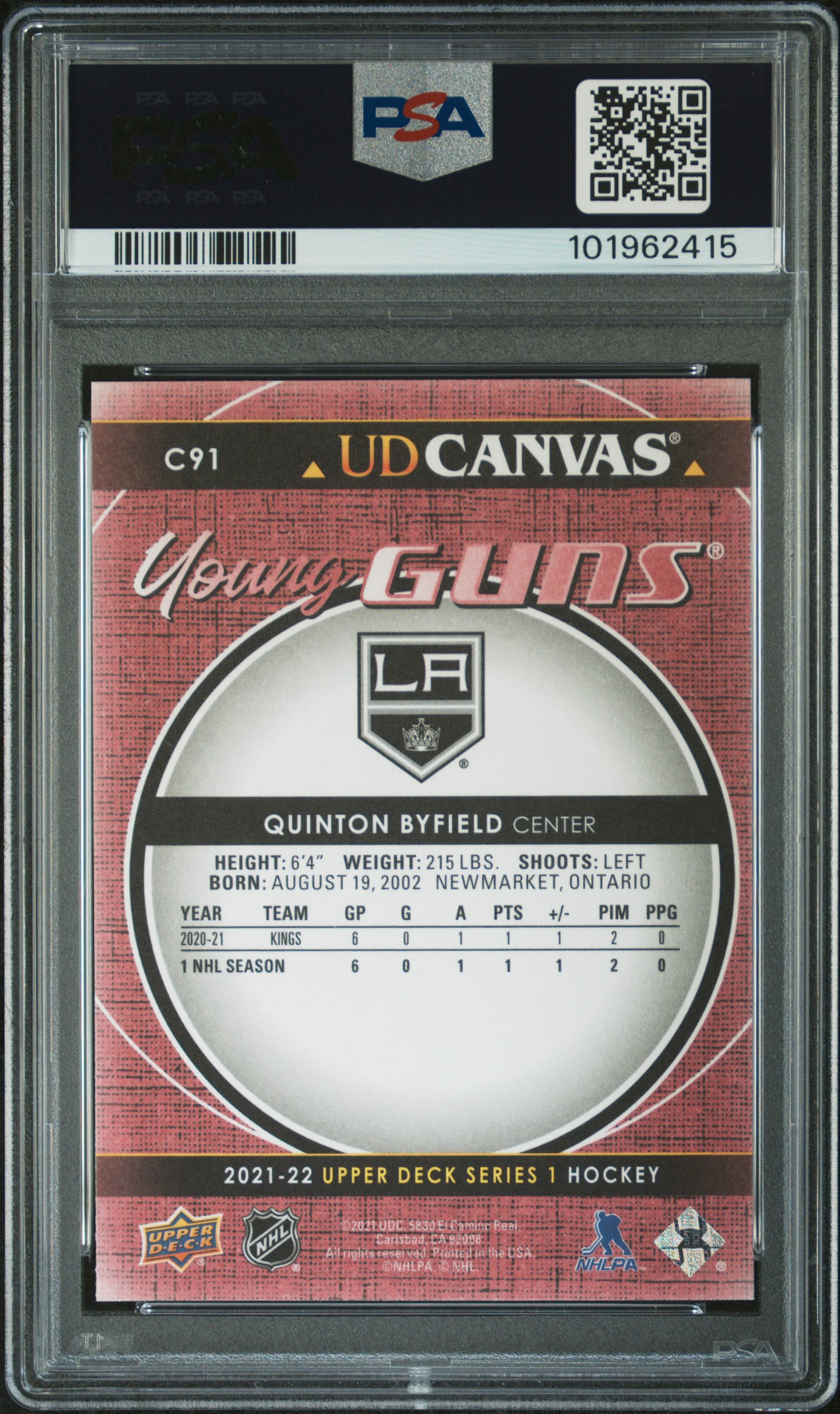 2021-2022 Upper Deck Ud Canvas Quinton Byfield #C91 (Ud Canvas) Gem Mt 10 back