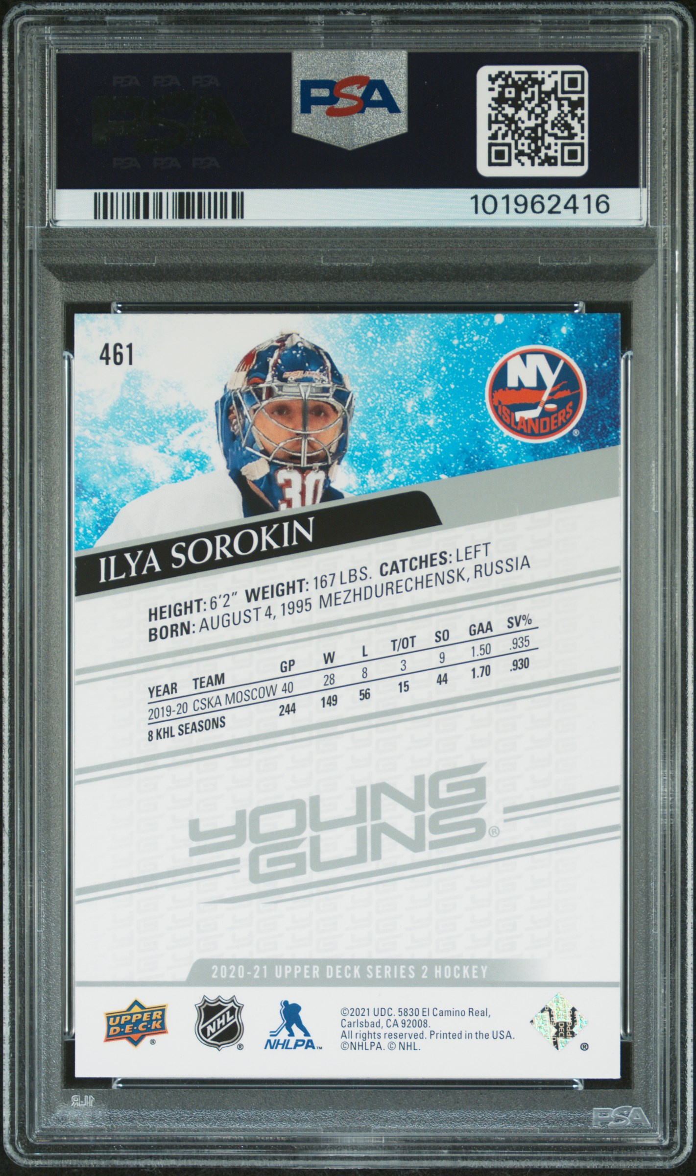 2020 Upper Deck Ilya Sorokin #461 Gem Mt 10 back