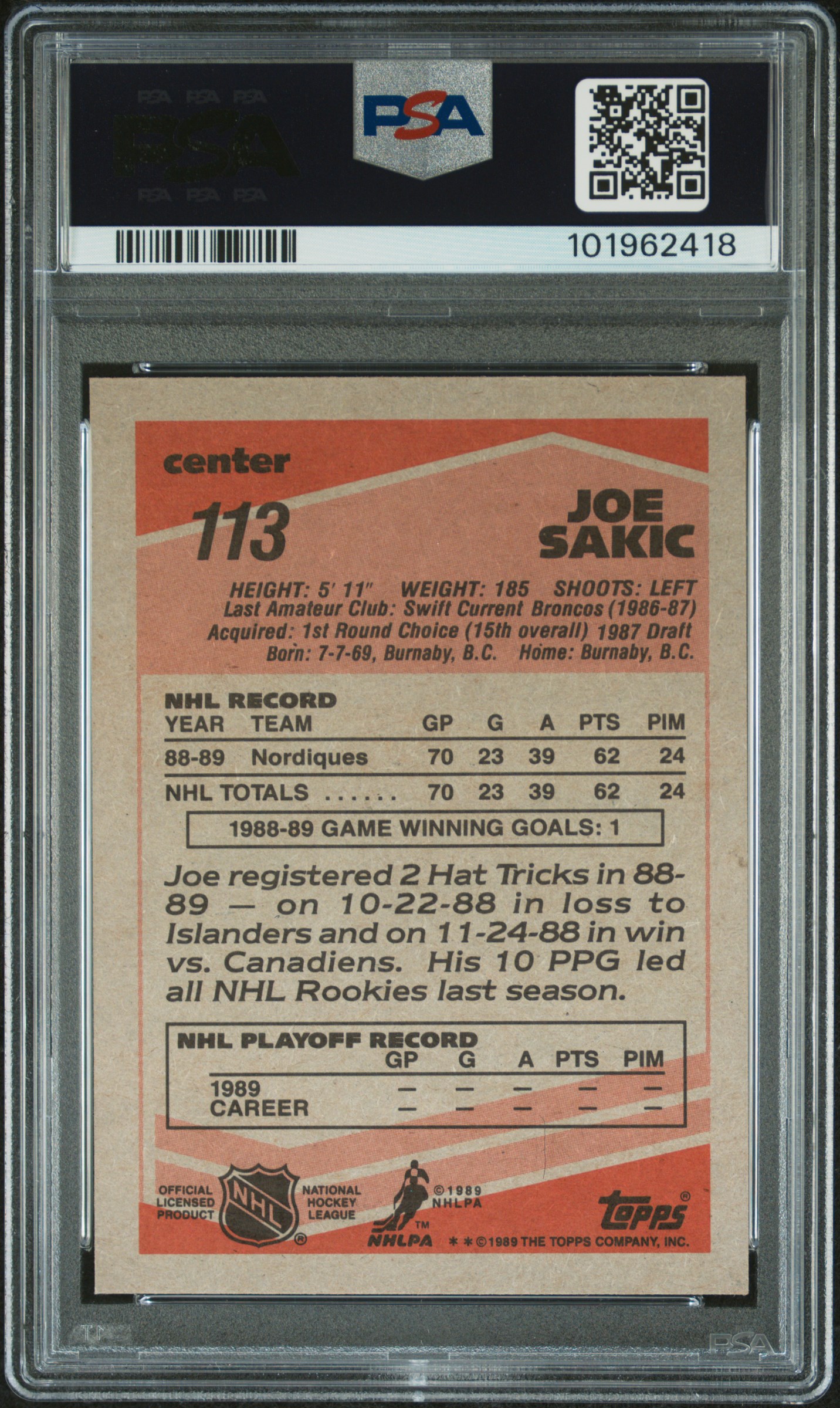 1989 Topps Joe Sakic #113 Nm-Mt 8 back